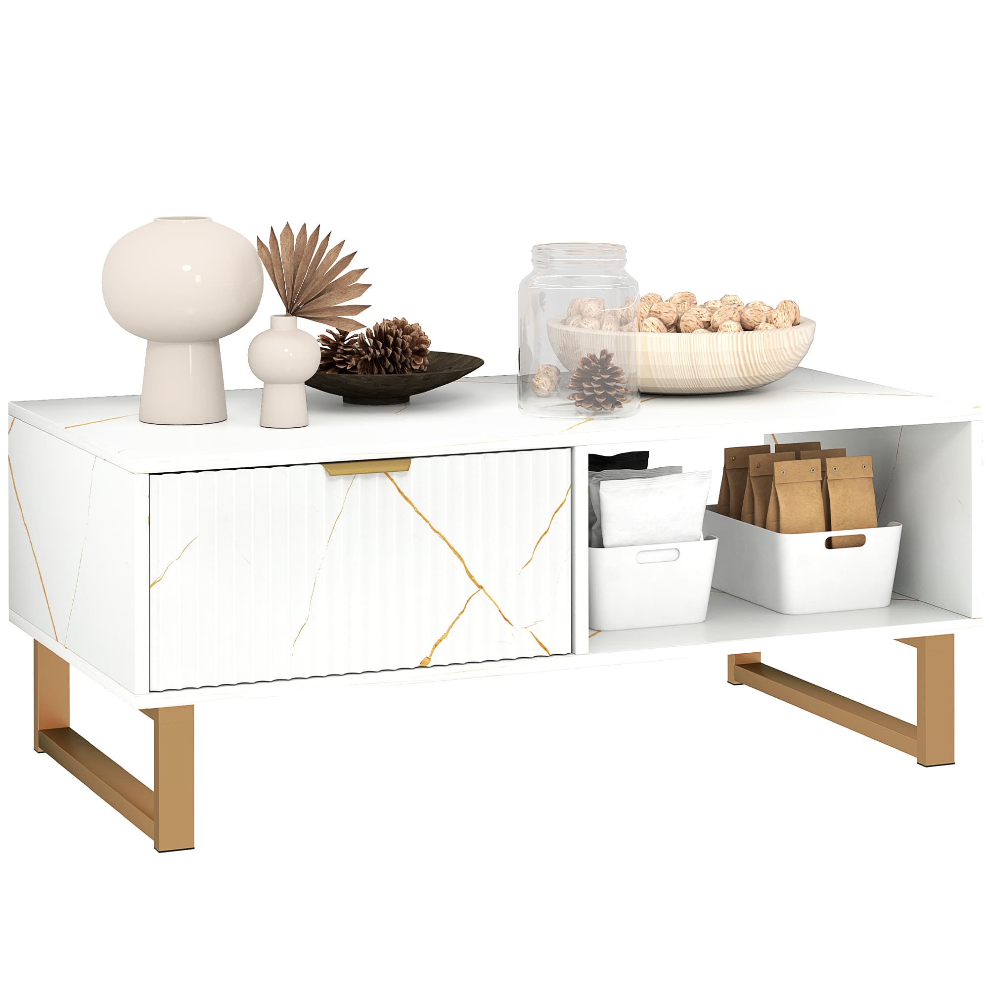 White Marble-Effect Coffee Table with Storage Drawer - White