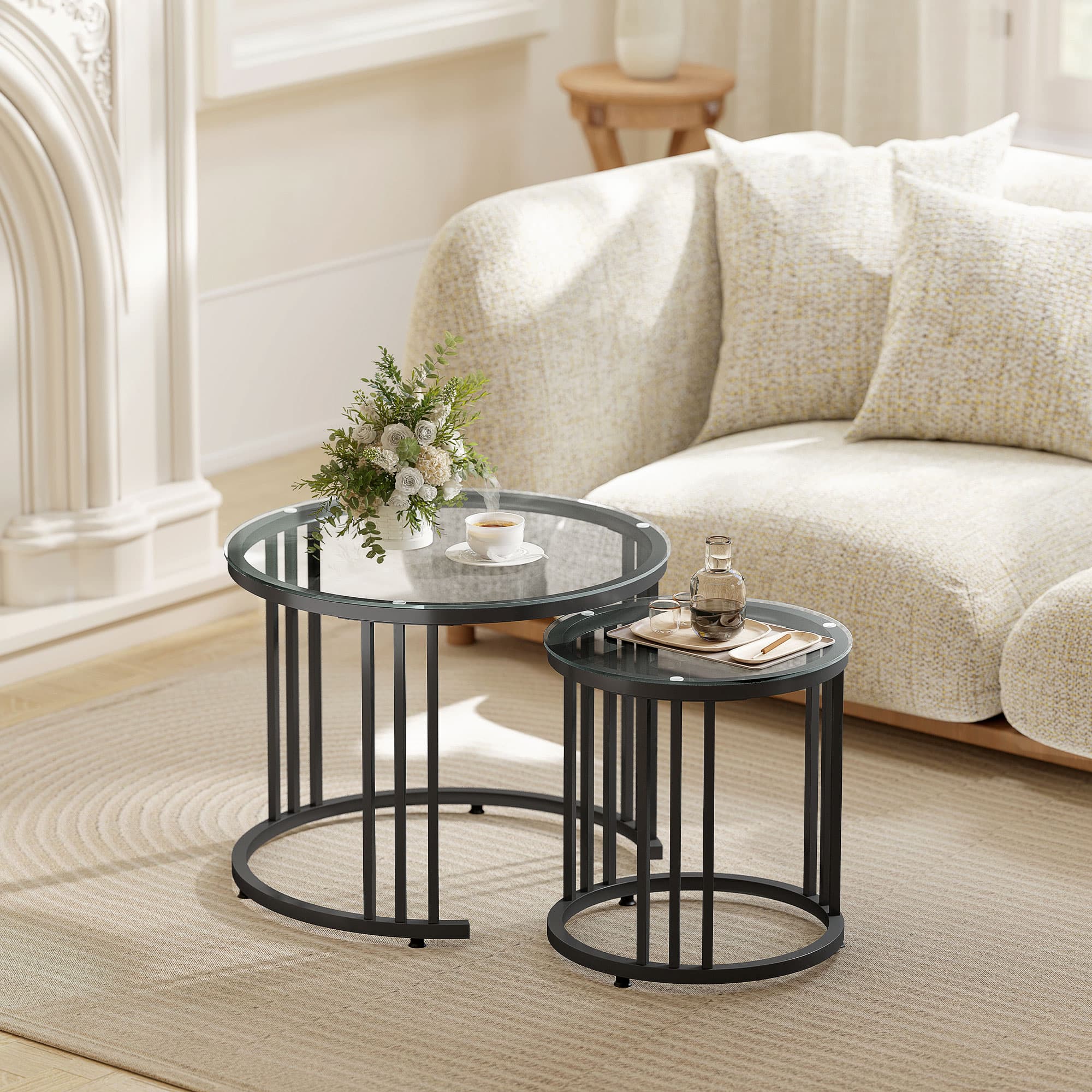 Round Nesting Coffee Tables Set of 2 — Clear Glass, Black Steel - image 2