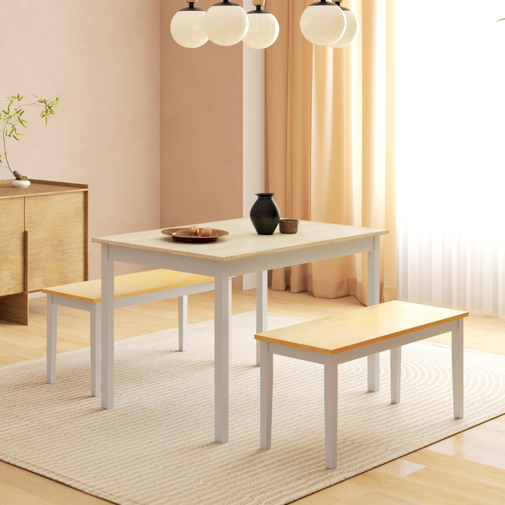 Pine Dining Table and Bench Set in Natural and White - image 2