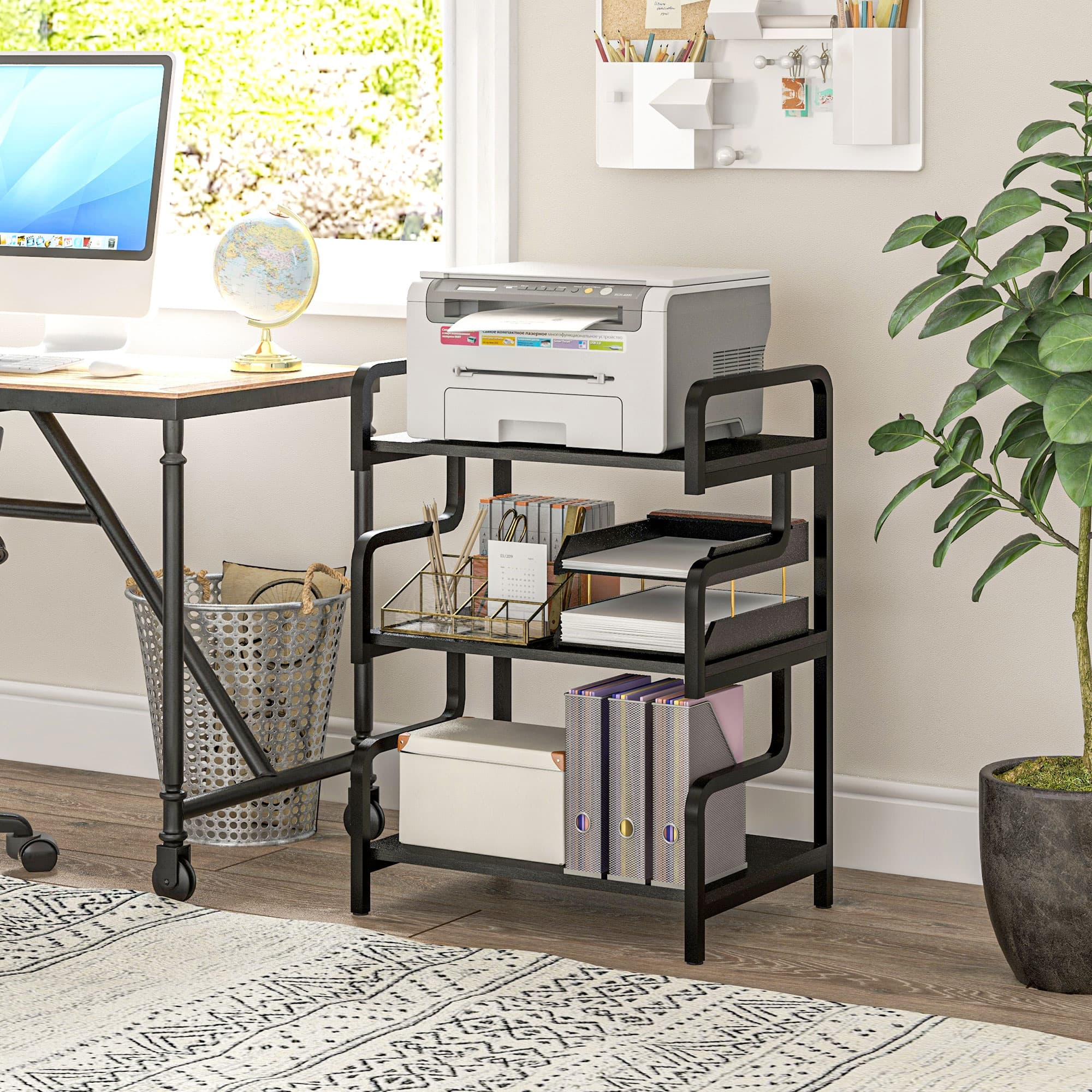 Three-Shelf Black Printer Stand with Waved Metal Frame - image 4