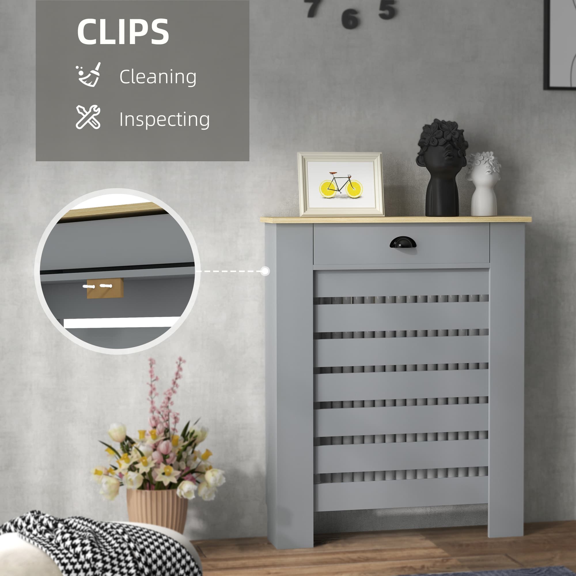 Grey Radiator Cover with Storage Drawer & Slatted Design - image 4