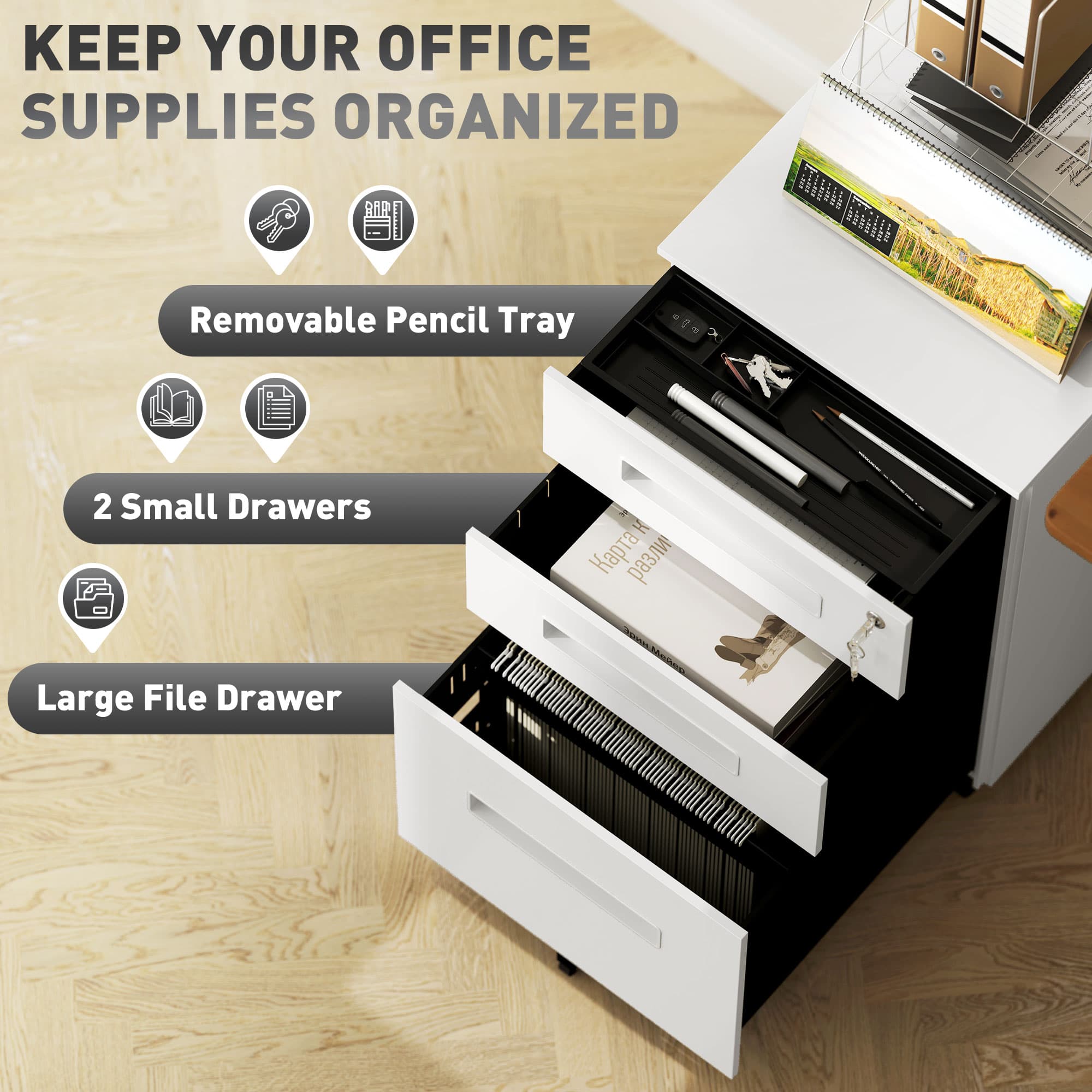 Effortless Office Organisation: White 3-Drawer Filing Cabinet - image 5
