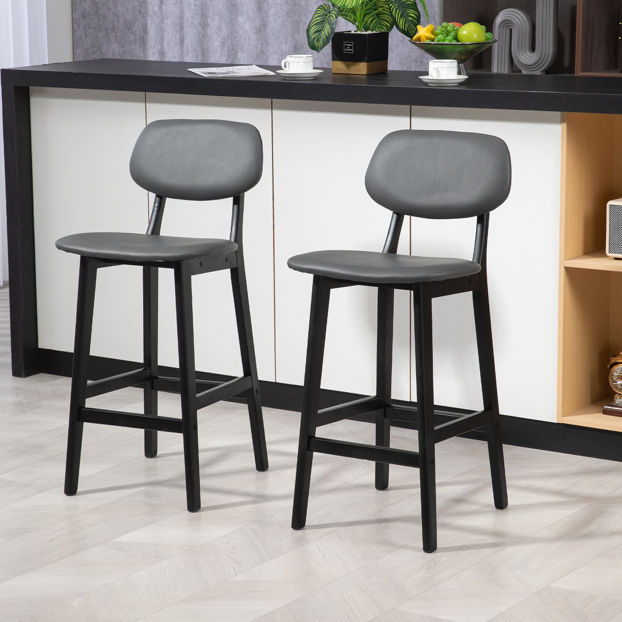 Two Padded Bar Stools with Backs and Footrests in Dark Grey - image 1