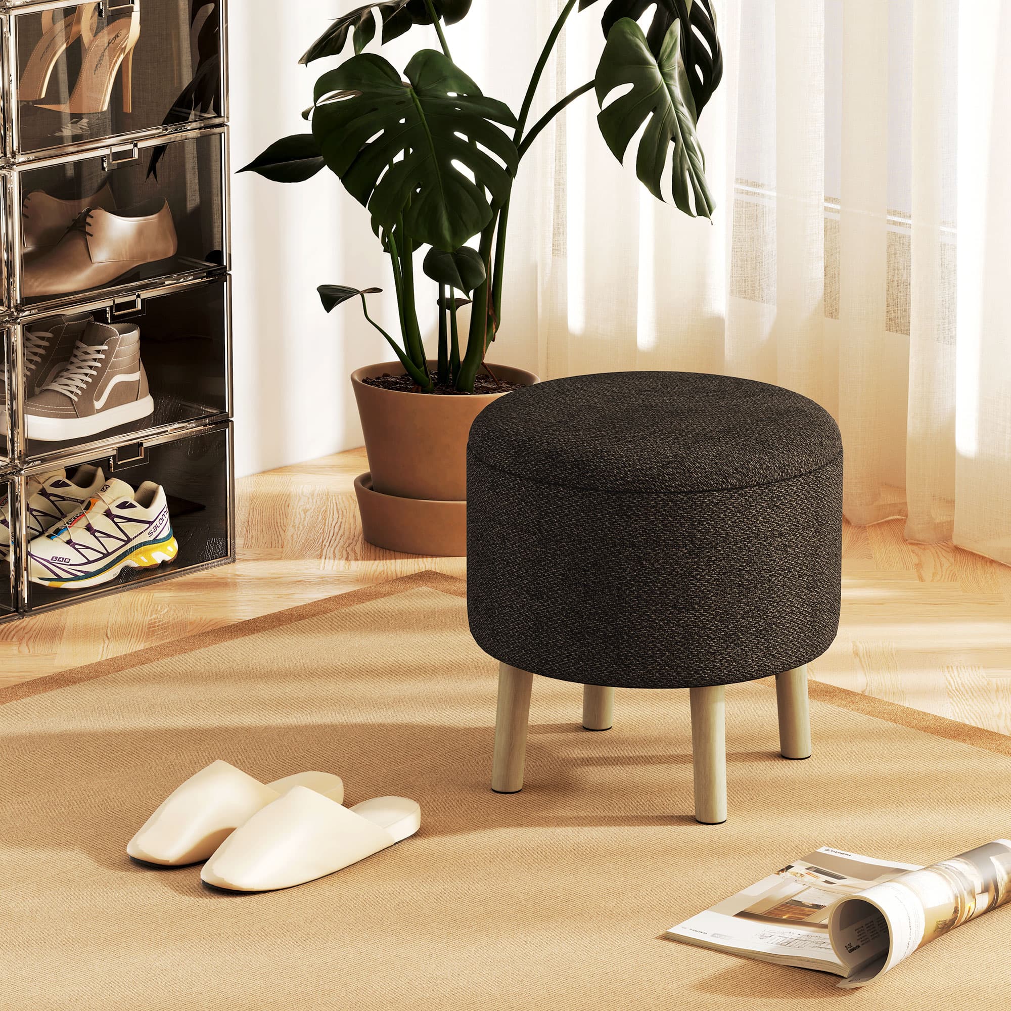 Round Storage Ottoman with Woven Fabric Seat and Natural Wood Legs - image 5