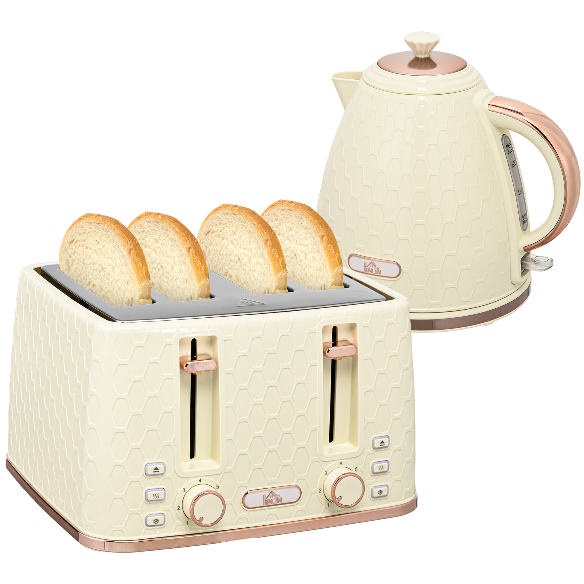 1.7L Cream Kettle and 4-Slice Toaster Set — Honeycomb Texture