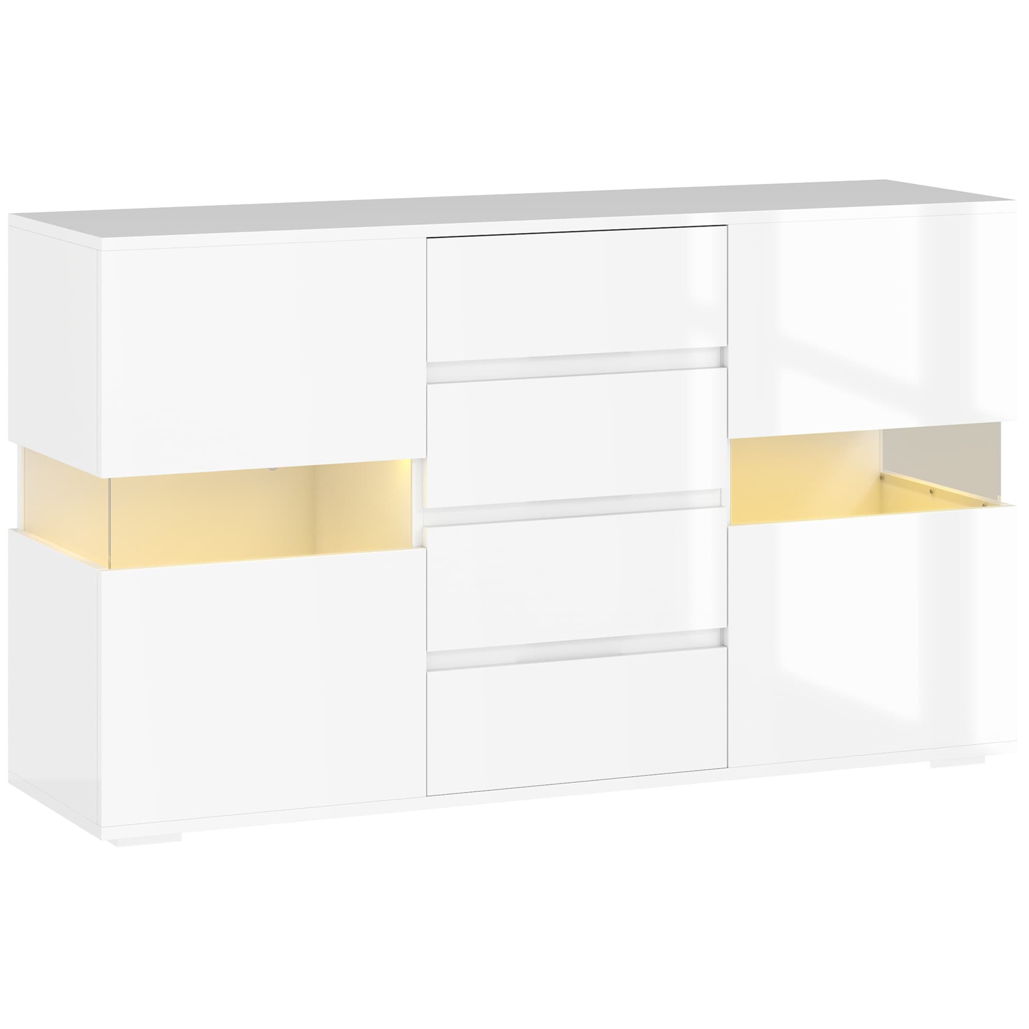 High Gloss White LED Sideboard with 4 Drawers and Lit Open Shelves - White