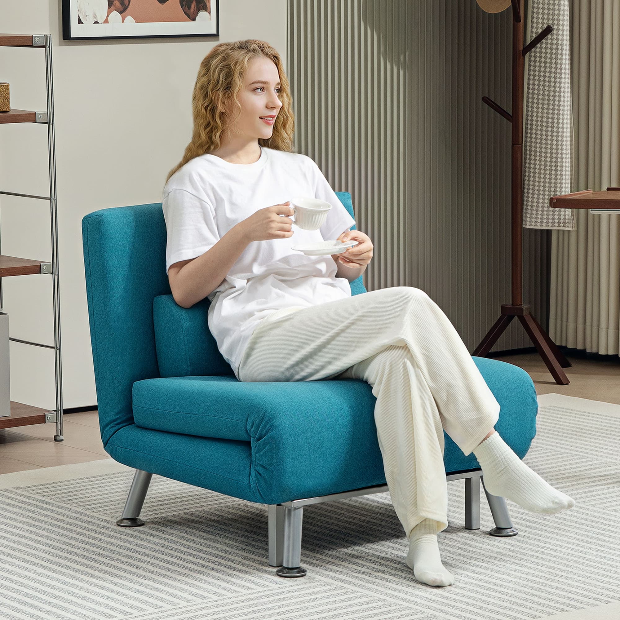 Single Chair Bed in Teal Linen-Feel Fabric with Adjustable Back - image 3