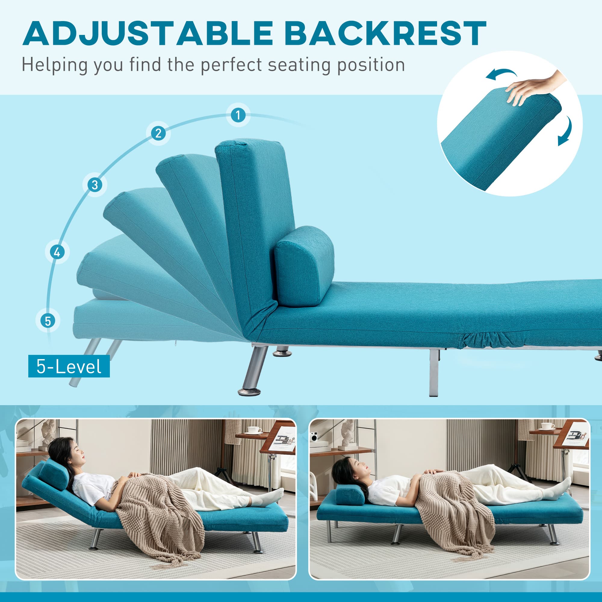Single Chair Bed in Teal Linen-Feel Fabric with Adjustable Back - image 5