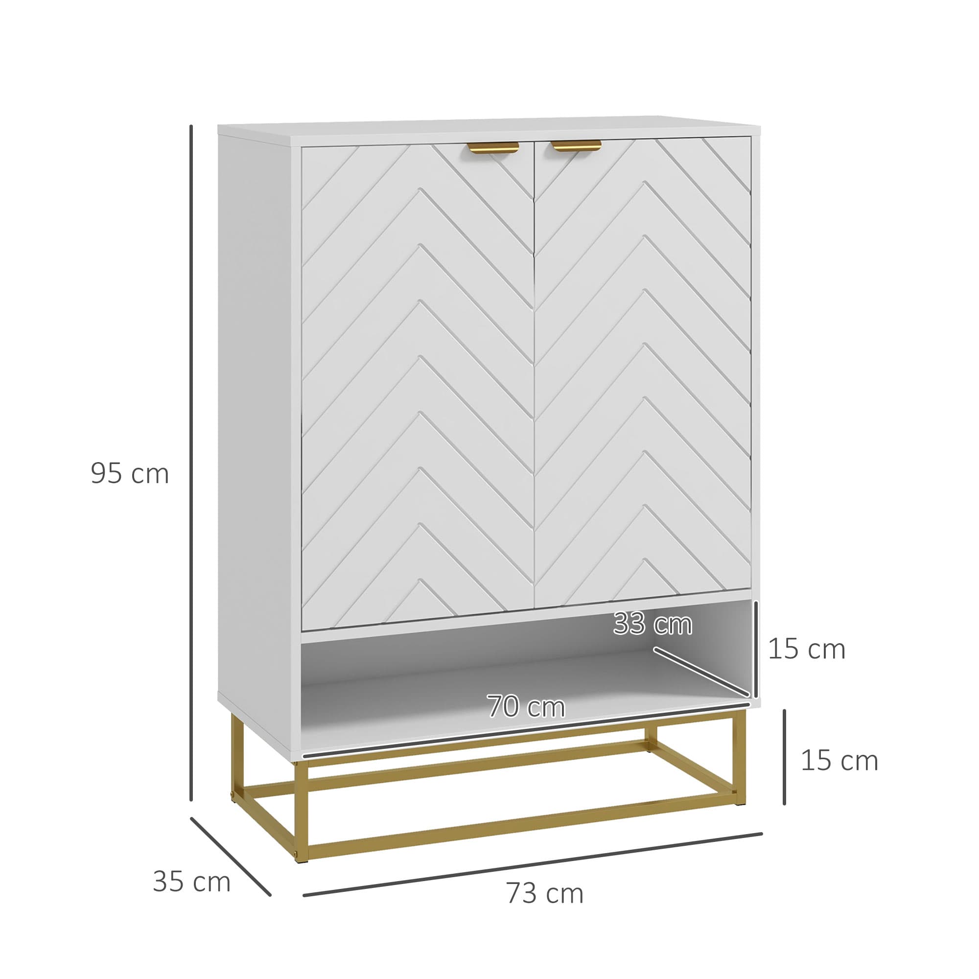 White Shoe Cabinet with Chevron Doors and Gold Base Frame - image 4