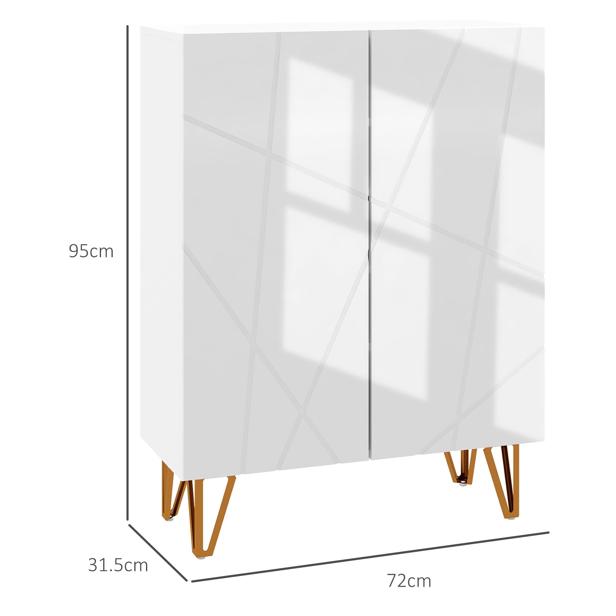 White Shoe Storage Cabinet with Geometric Doors and Gold Hairpin Legs - image 5