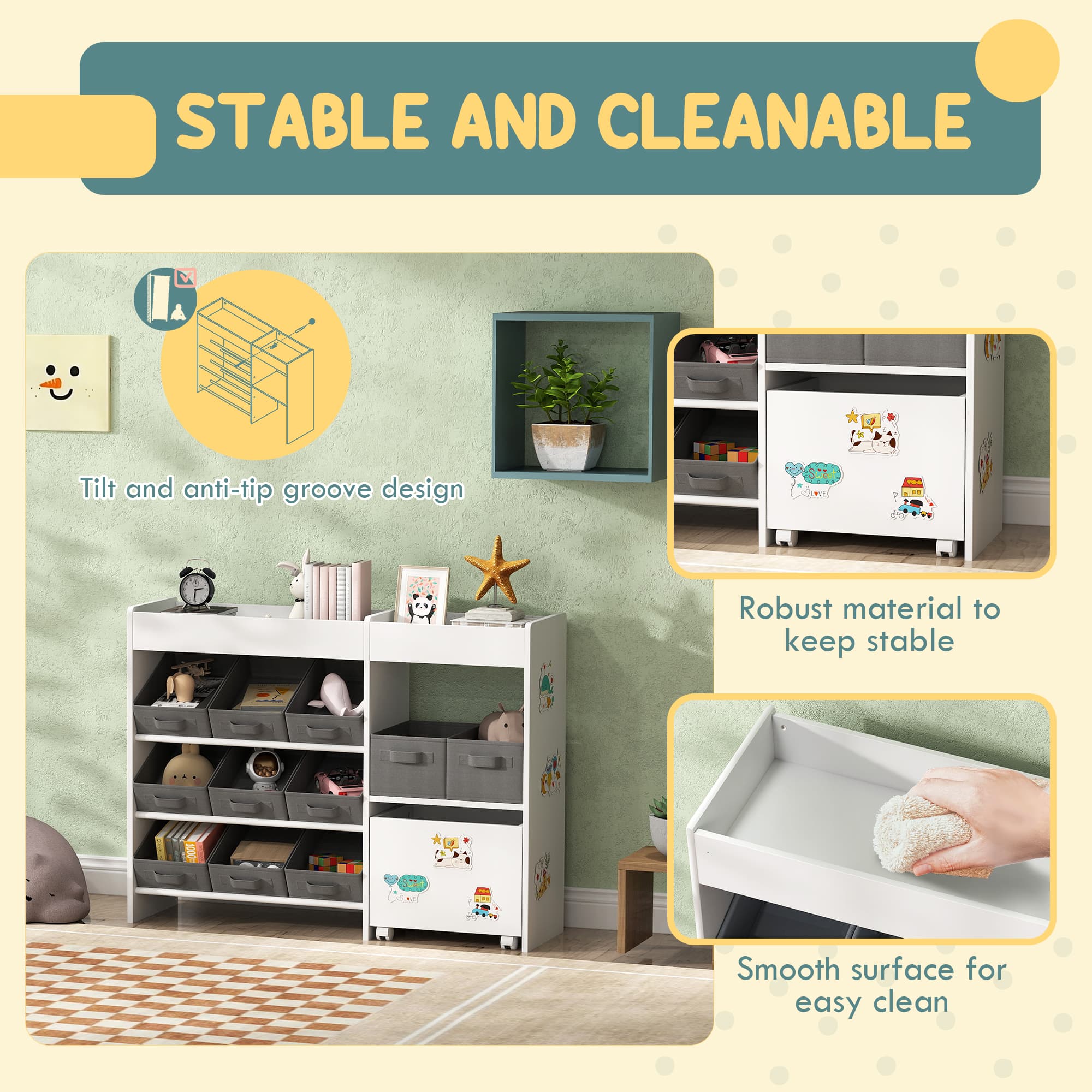 White Toy Storage Unit — 11 Fabric Bins, Top Shelves and Cabinet - image 1