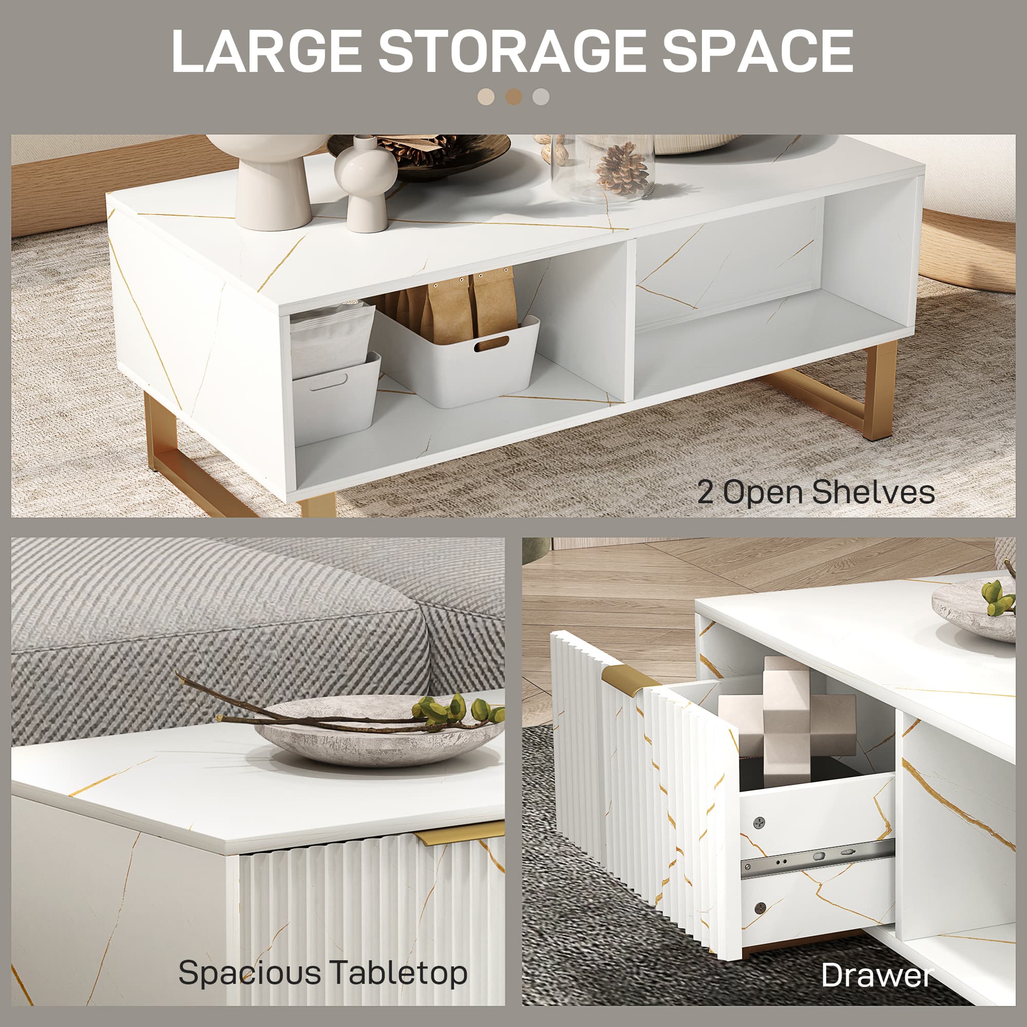White Marble-Effect Coffee Table with Storage Drawer - image 2
