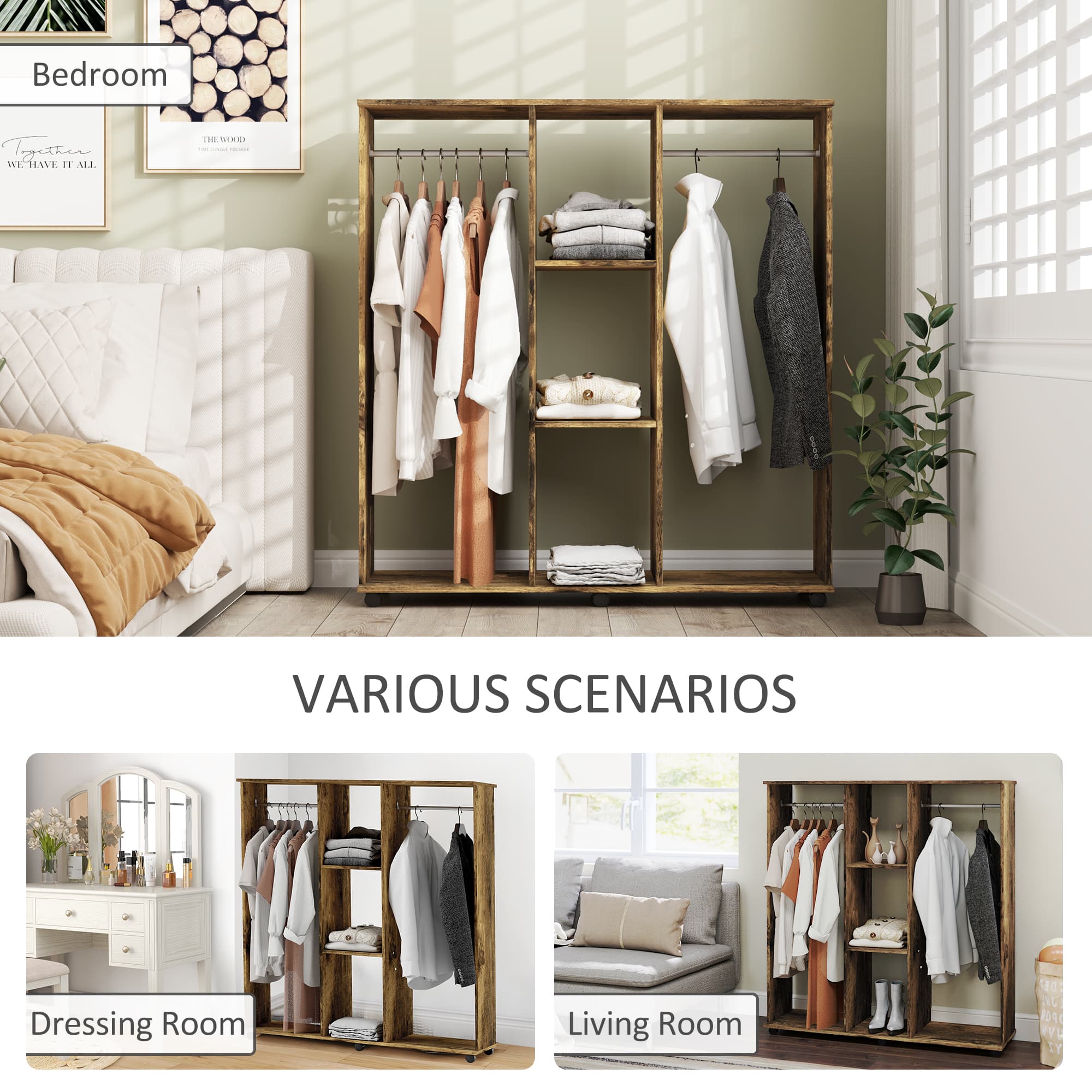 Two-Rail Open Wardrobe with Shelves on Castors, Rustic Brown - image 4