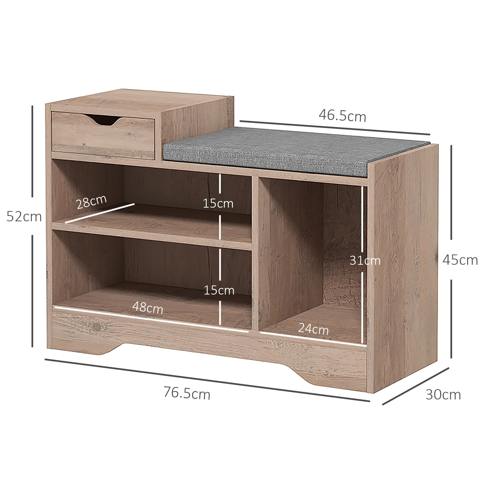 Shoe Bench With Padded Seat, Open Shelves and Pull-Out Drawer - image 2