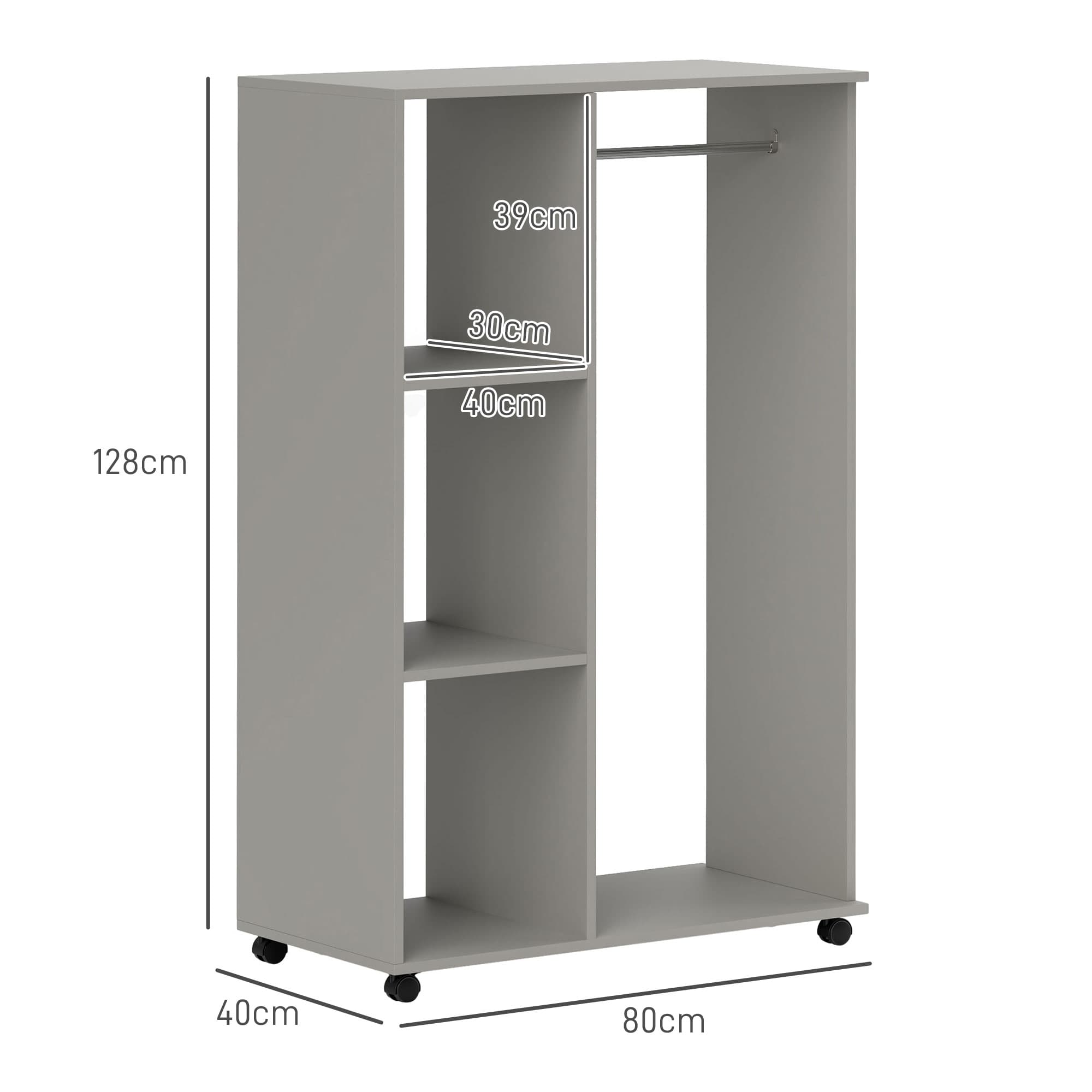 Mobile Open Wardrobe with Rail and 3 Shelves — Grey - image 4