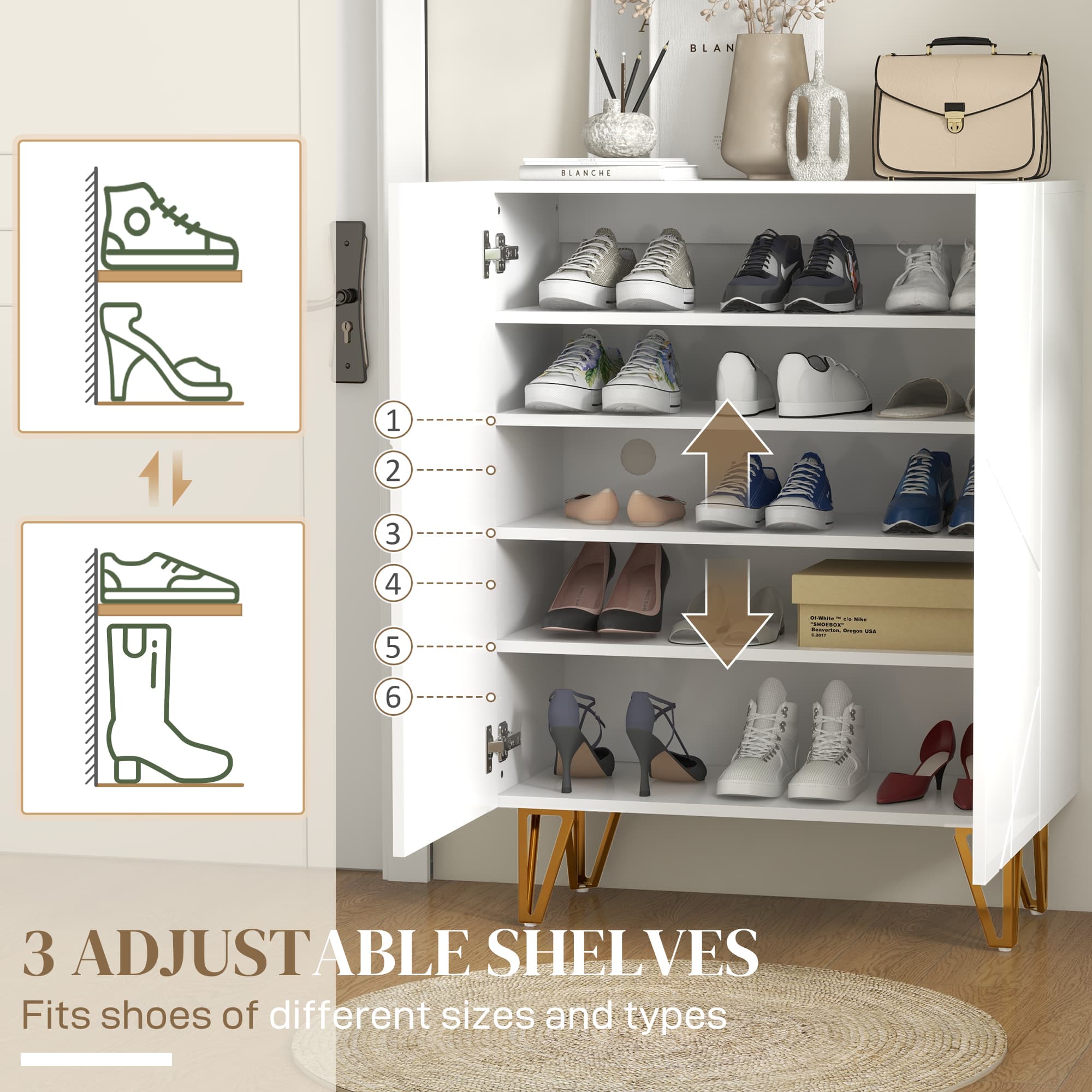 White Shoe Storage Cabinet with Geometric Doors and Gold Hairpin Legs - image 1