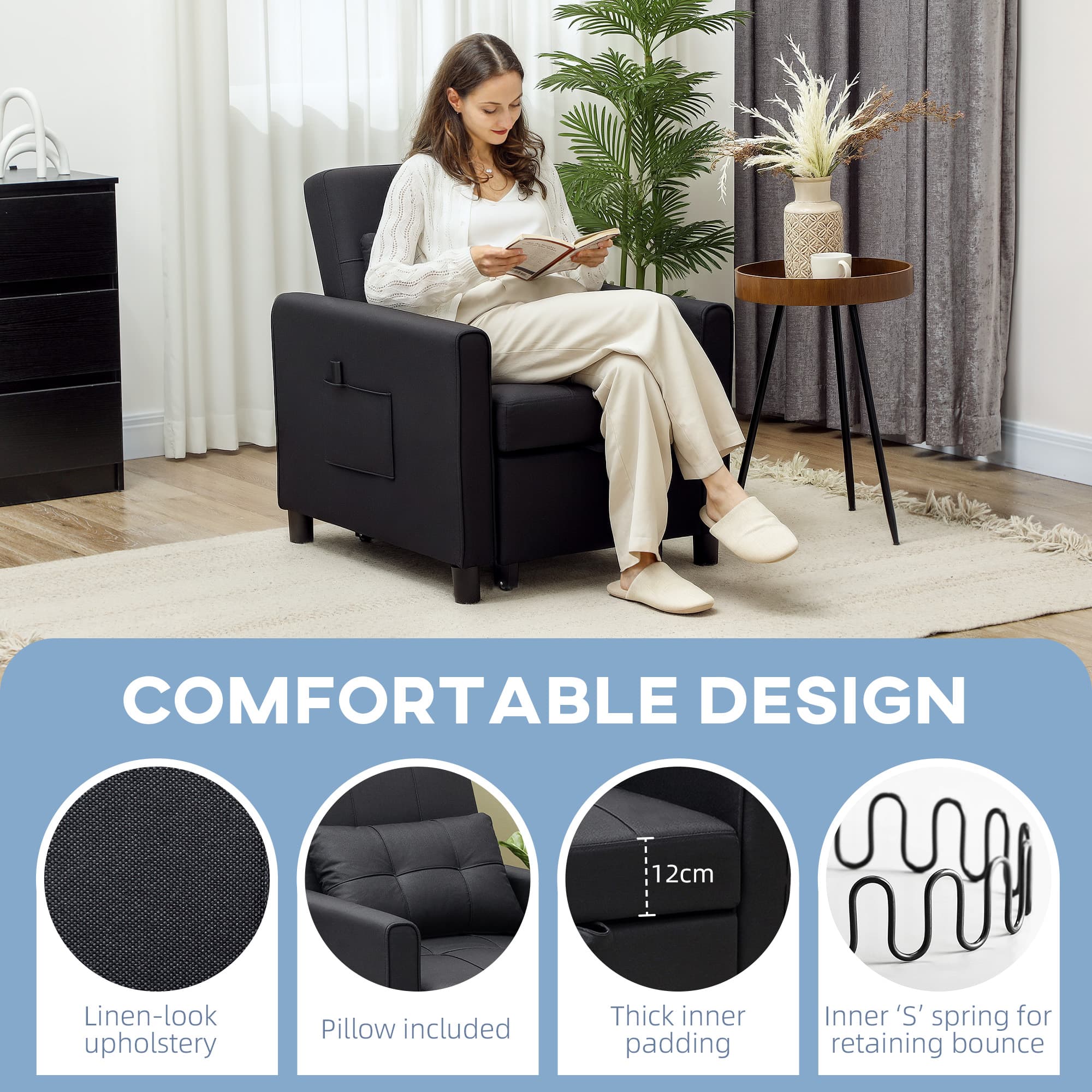 Effortlessly Versatile 3-in-1 Black Single Chair Bed - image 5
