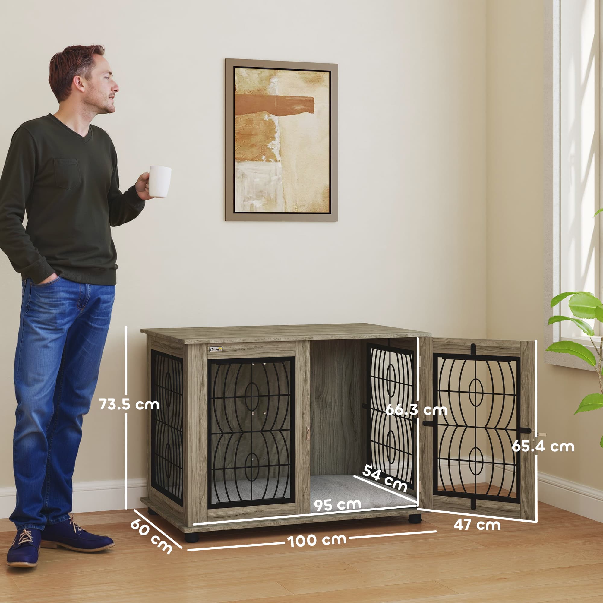 PawHut Dog Crate End Table with Decorative Grille, Grey - image 3