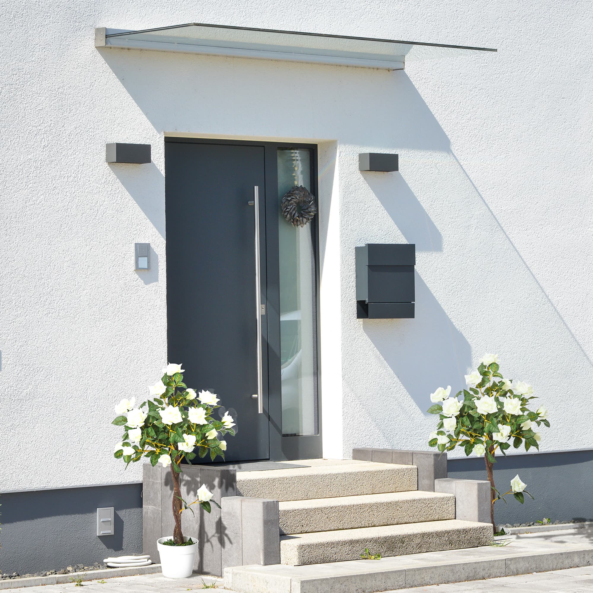 A pair of faux white rose topiary trees in white pots, 90cm tall - image 4