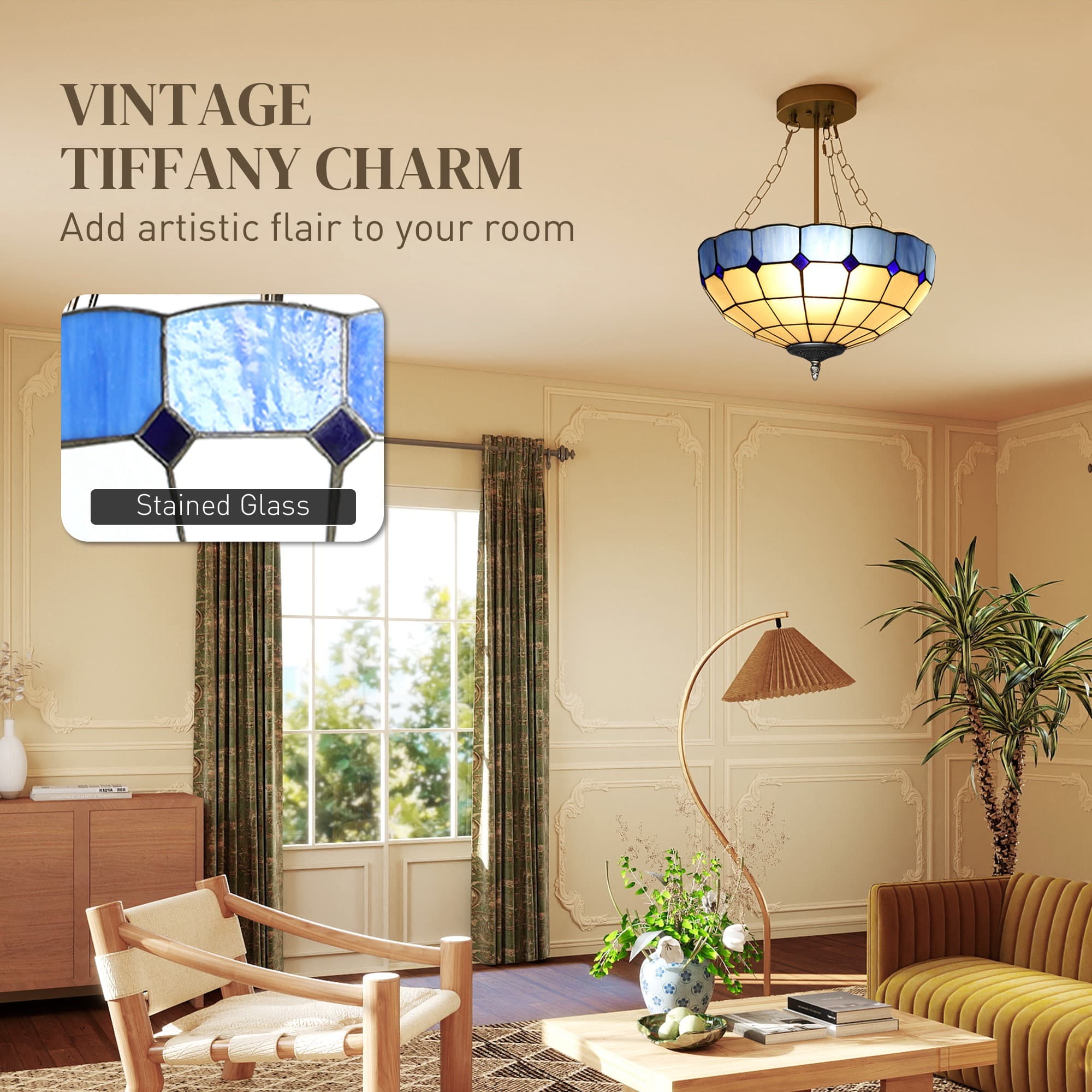 Blue Tiffany Pendant Light – Stained Glass Shade and Brass Chain - image 1