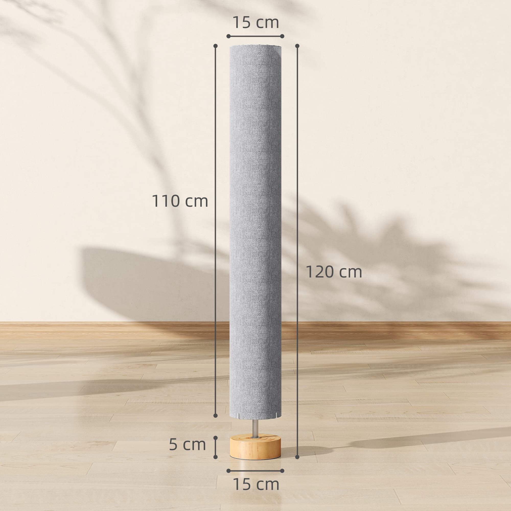 Slim Grey Floor Lamp with Linen Shade and Round Wooden Base - image 10