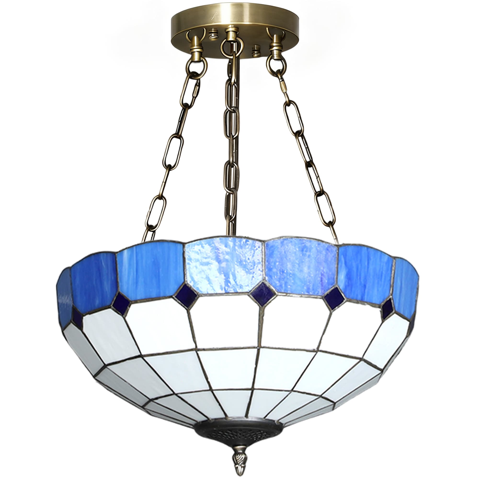 Blue Tiffany Pendant Light – Stained Glass Shade and Brass Chain