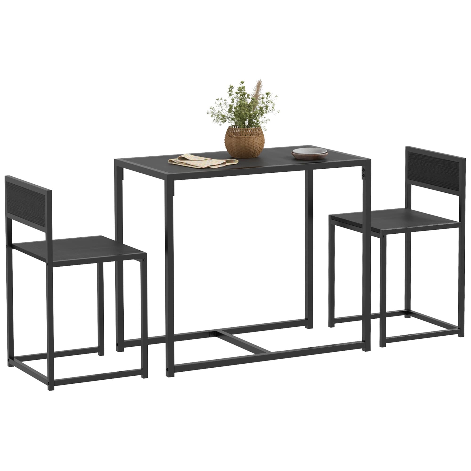A compact dining set for two with a black steel frame and MDF panels