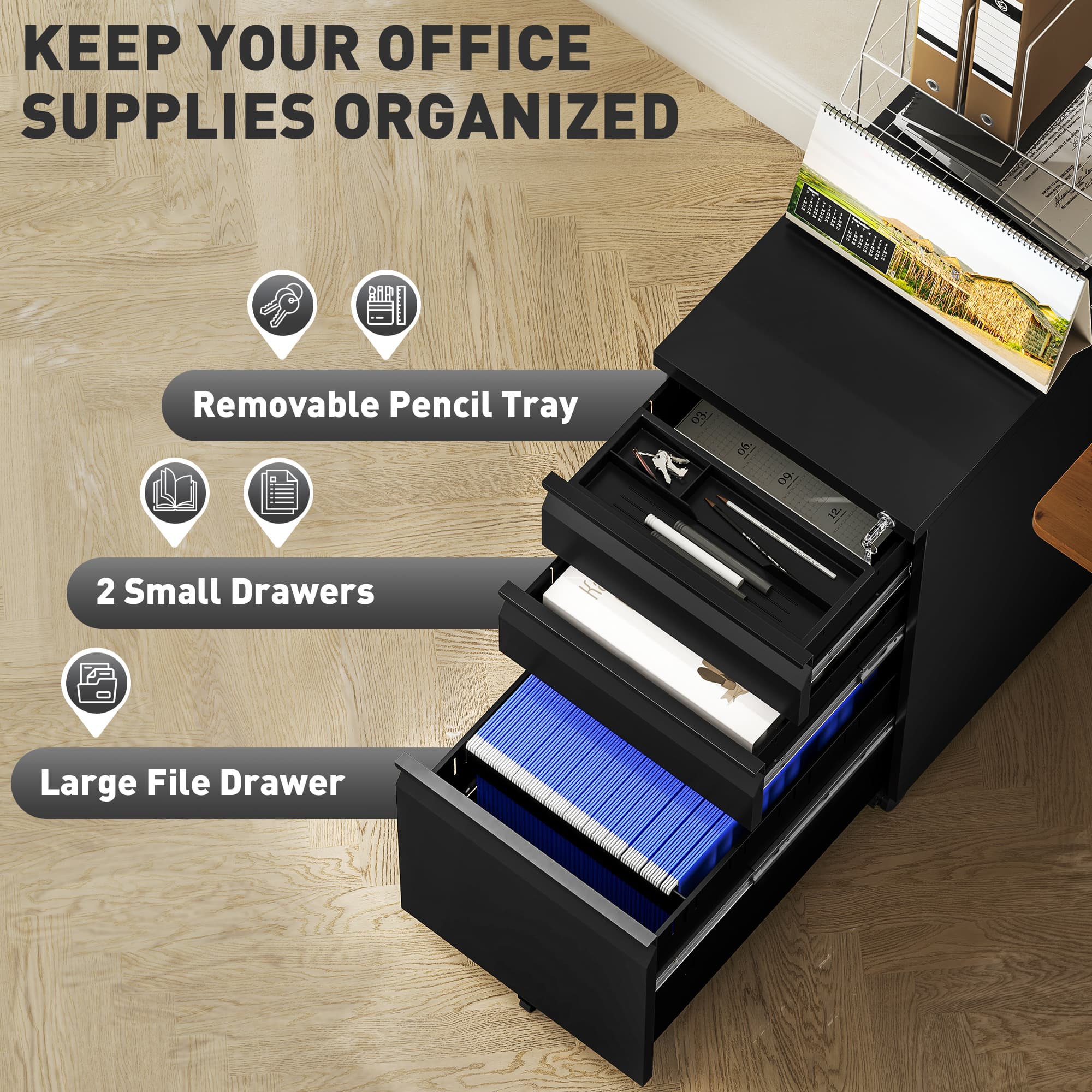 Lockable 3-Drawer Steel Filing Cabinet on Castors – Black - image 5