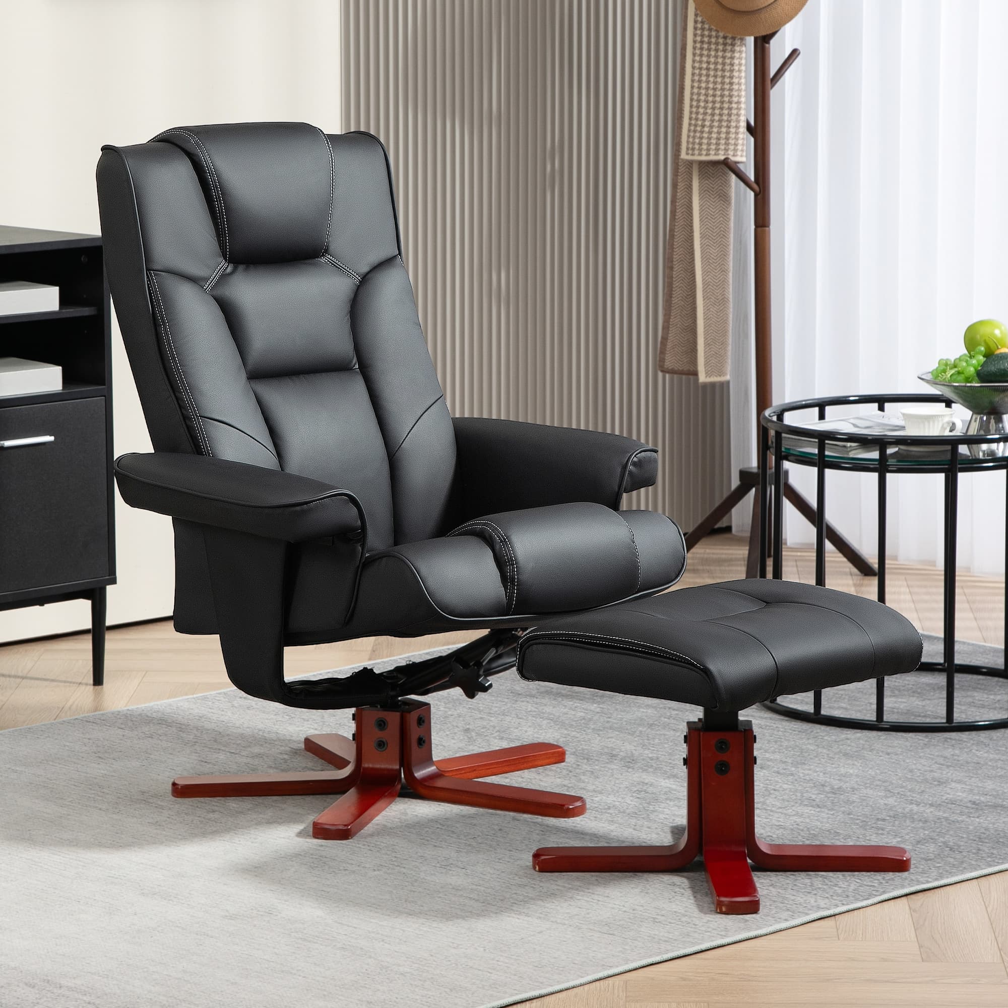 Manual Recliner Chair and Footstool in Black Faux Leather - image 7