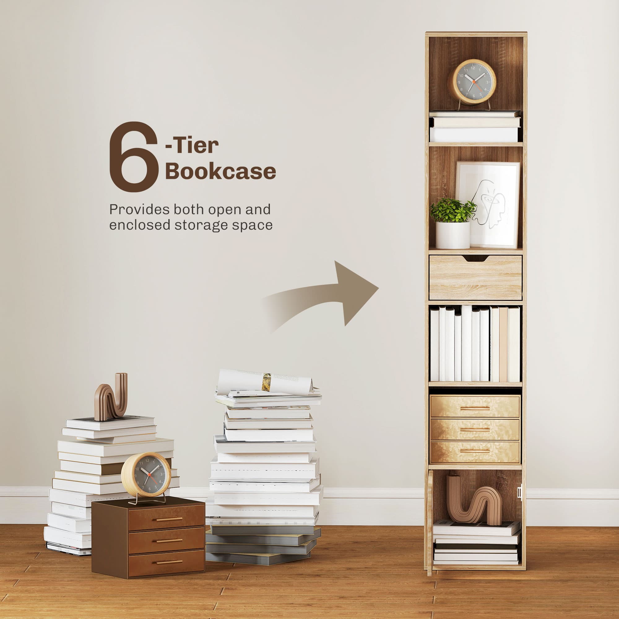 Tall Narrow Bookcase with Open Shelves, Drawer and Door – Natural Wood - image 9