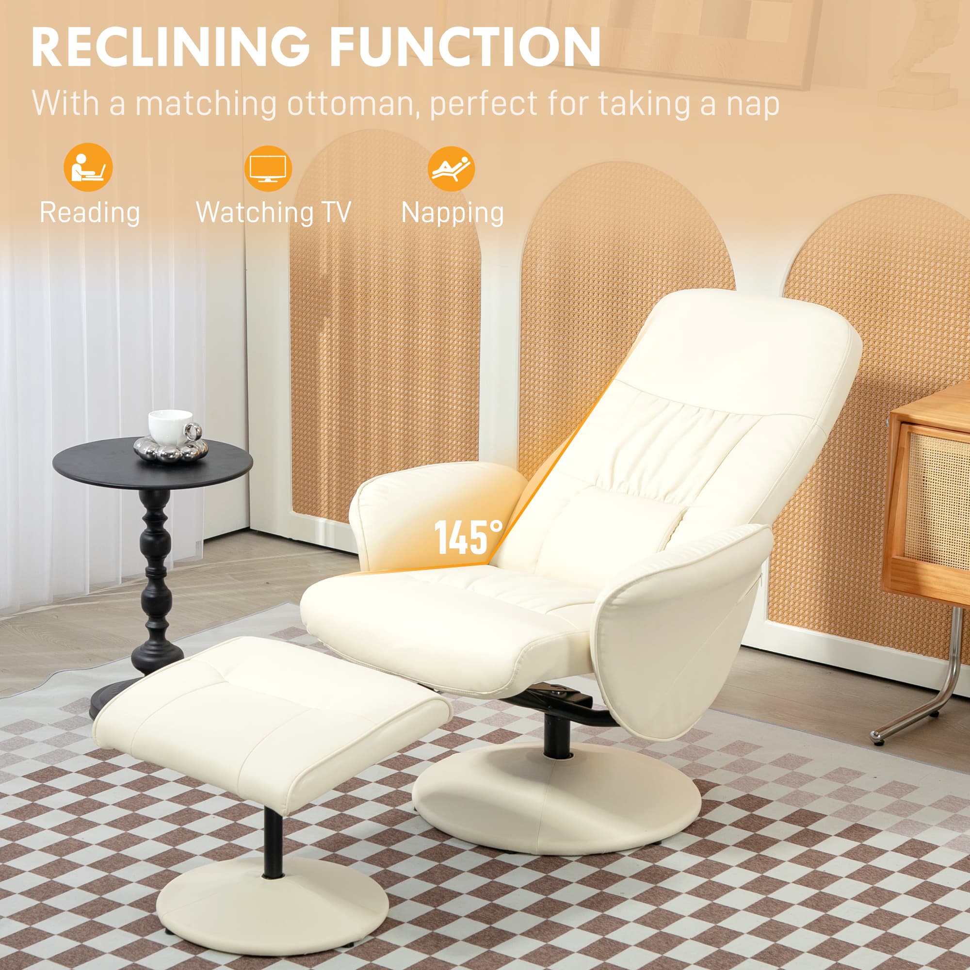 Swivel Recliner Chair and Ottoman Set in Cream Faux Leather - image 2