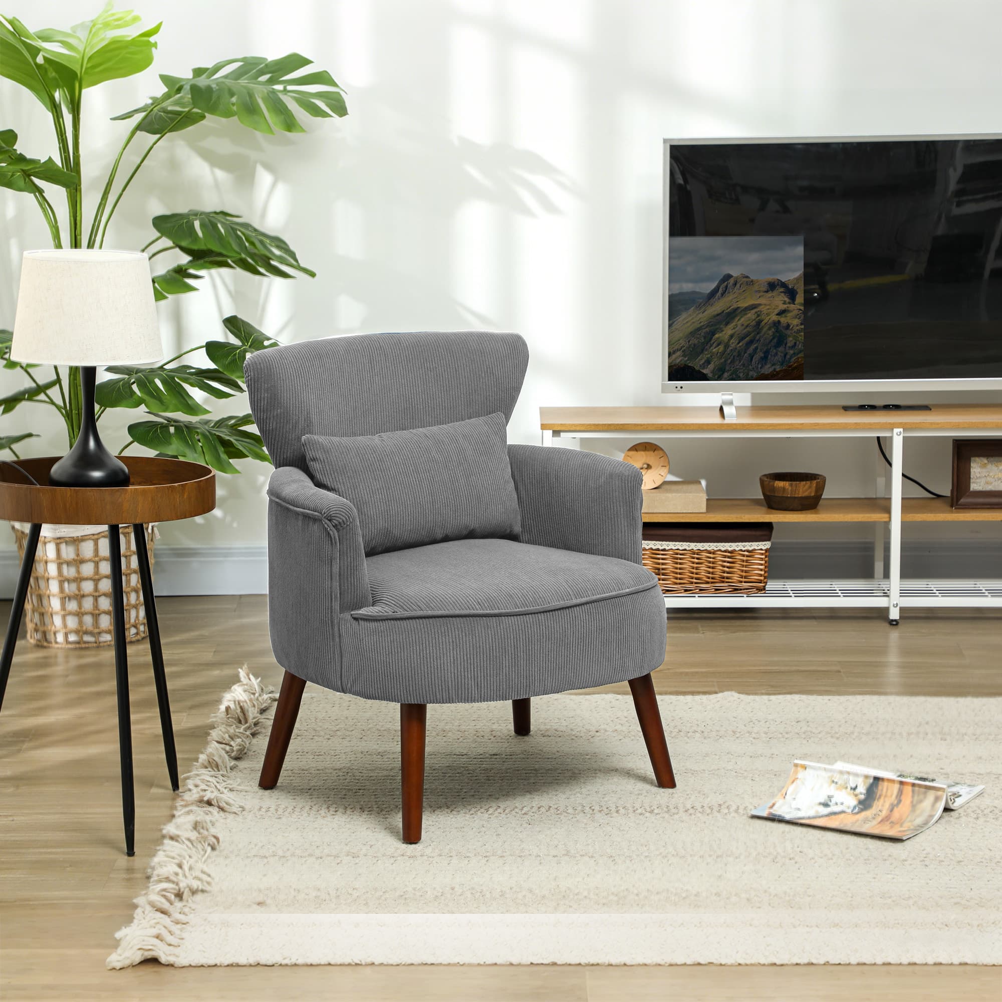 Light Grey Corduroy Accent Chair on Tapered Wooden Legs - image 4