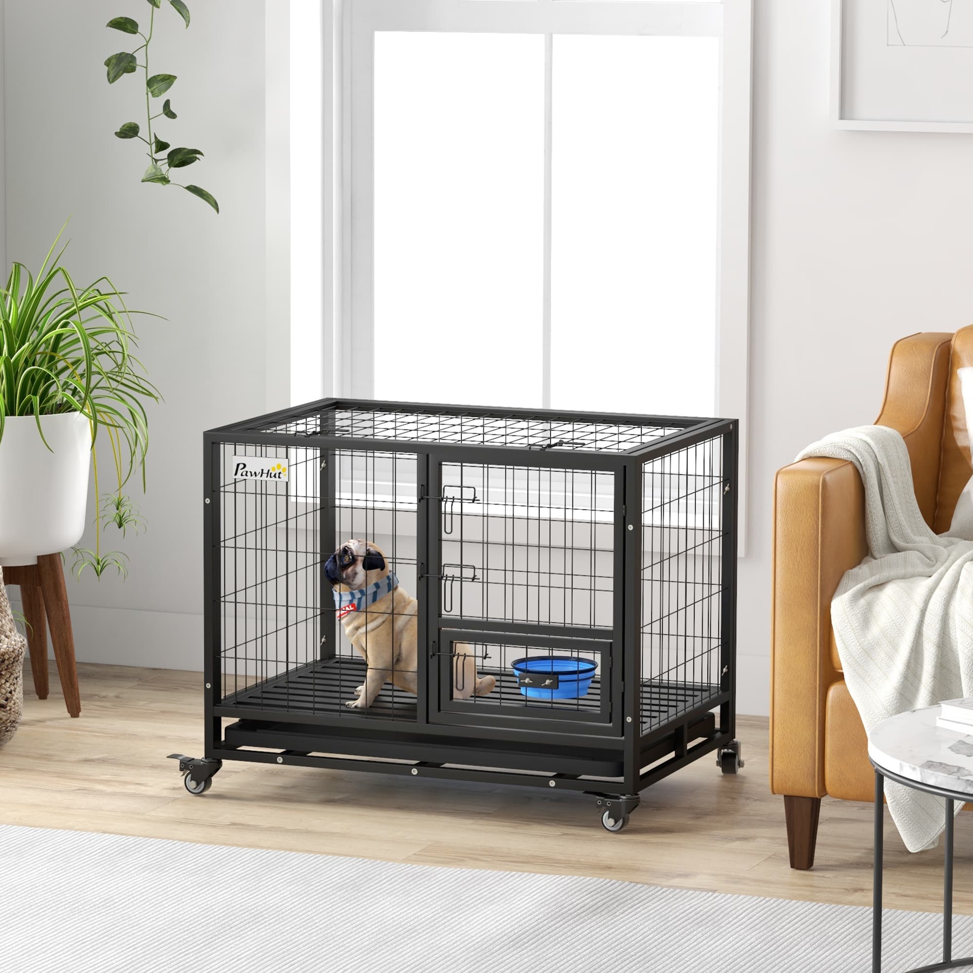 Heavy-Duty Dog Crate on Wheels with Feeding Bowl - image 3