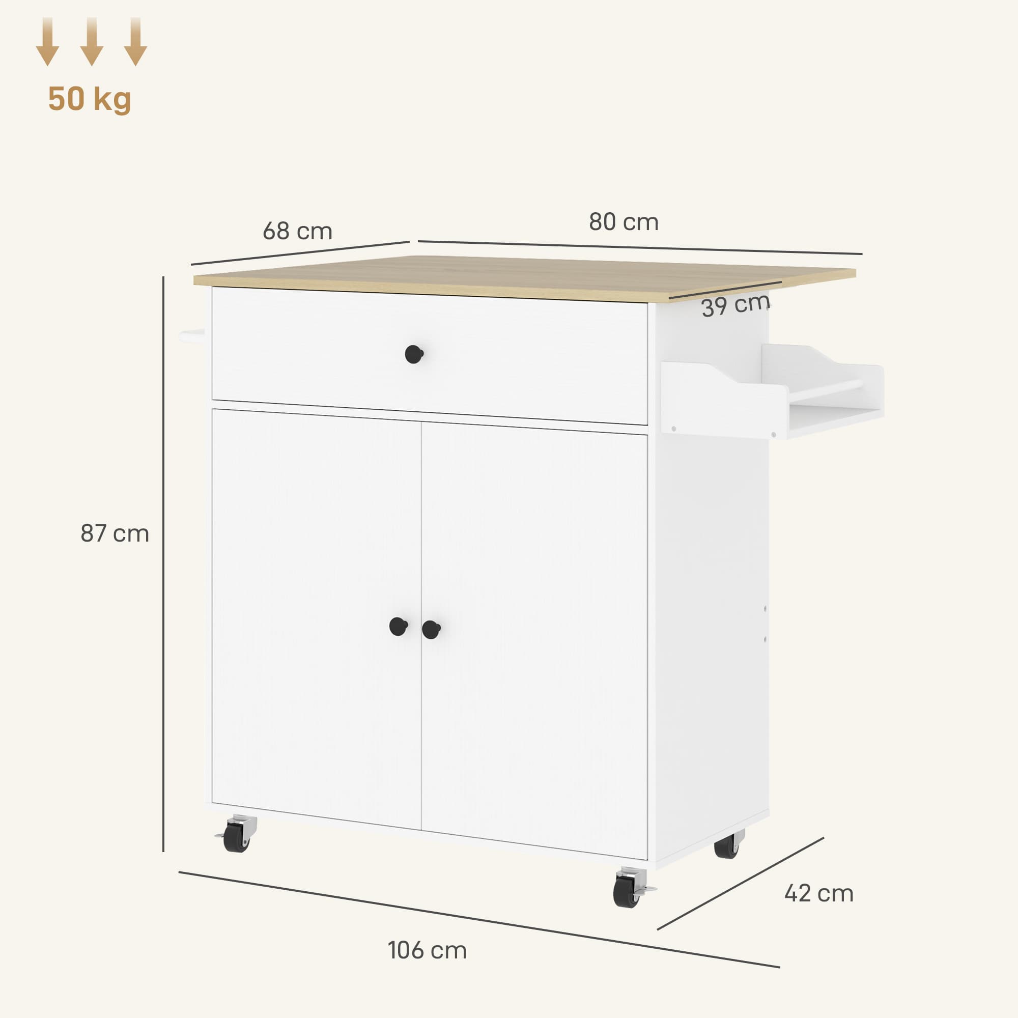 Kitchen Island on Wheels with Drawer, Cabinet and Side Rack - image 4