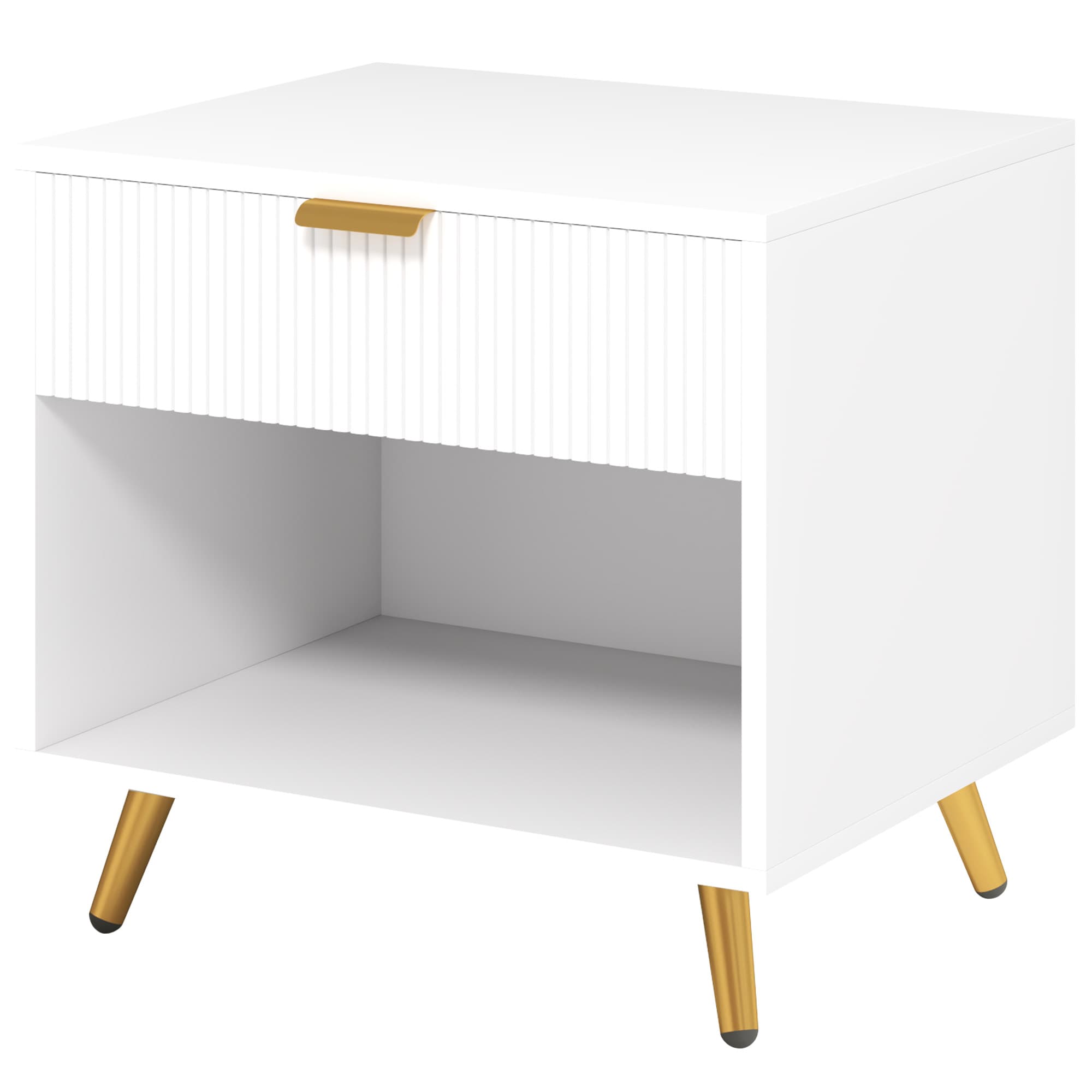 Elegant White Bedside Table with Drawer and Gold Tone Legs