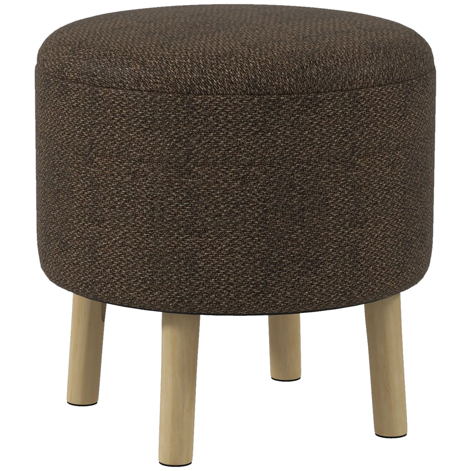 Round Storage Ottoman with Woven Fabric Seat and Natural Wood Legs