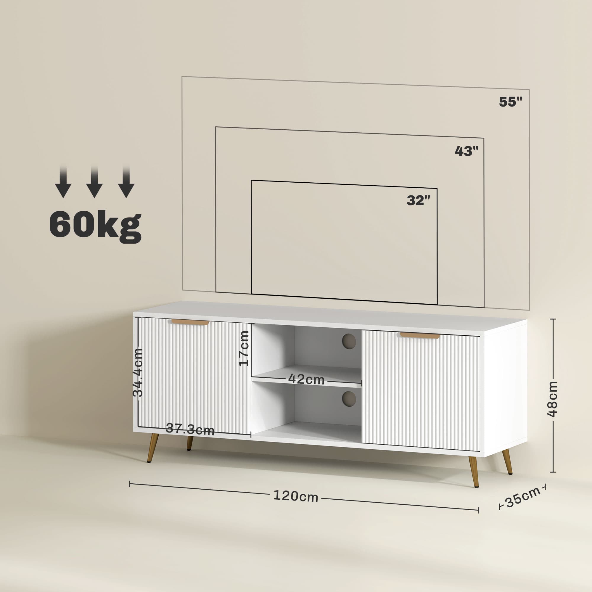White TV Stand with Fluted Doors and Brass Tapered Legs - image 5