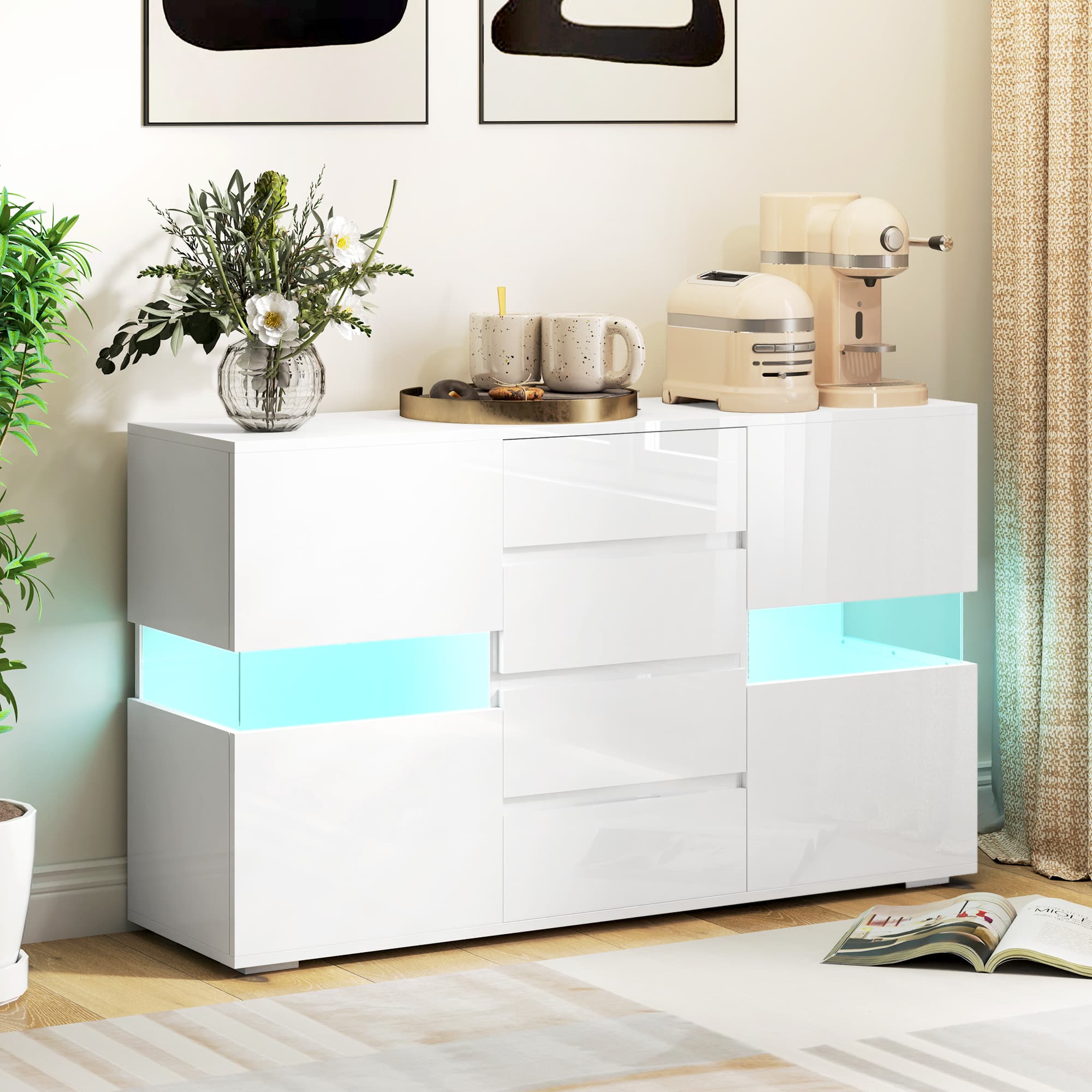 High Gloss White LED Sideboard with 4 Drawers and Lit Open Shelves - image 3