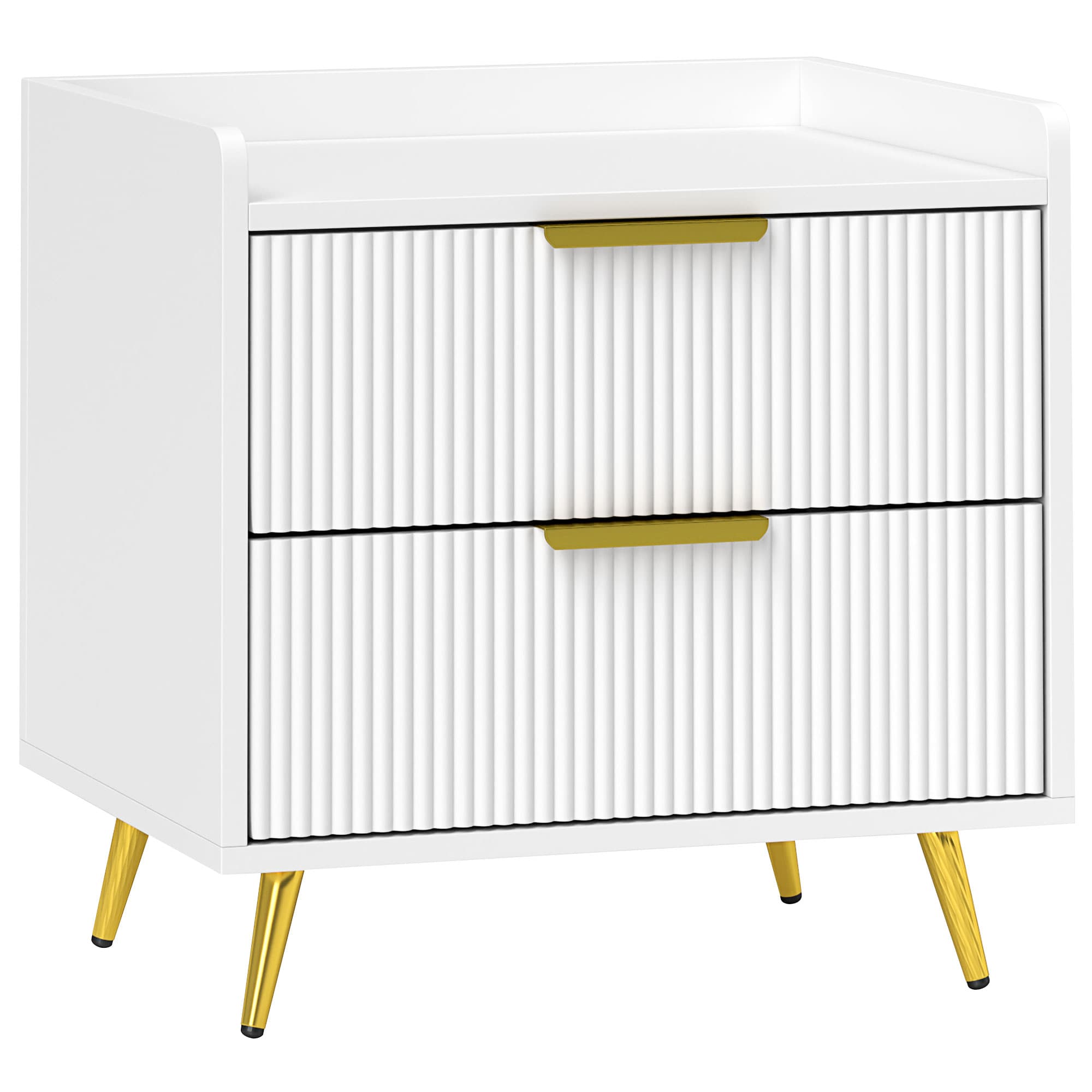 Elegant White Two-Drawer Bedside Table with Gold Handles - White
