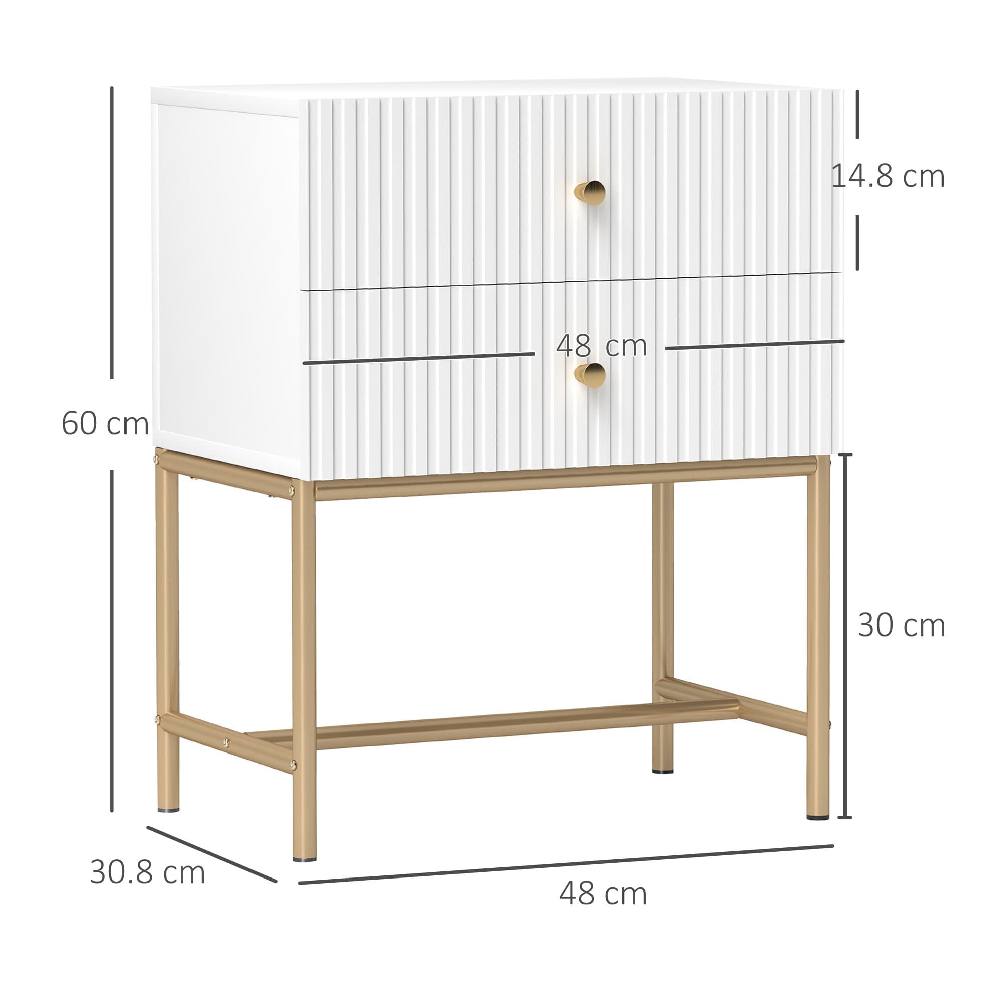 White Bedside Table – Fluted Drawers and Brass-Tone Frame - image 4