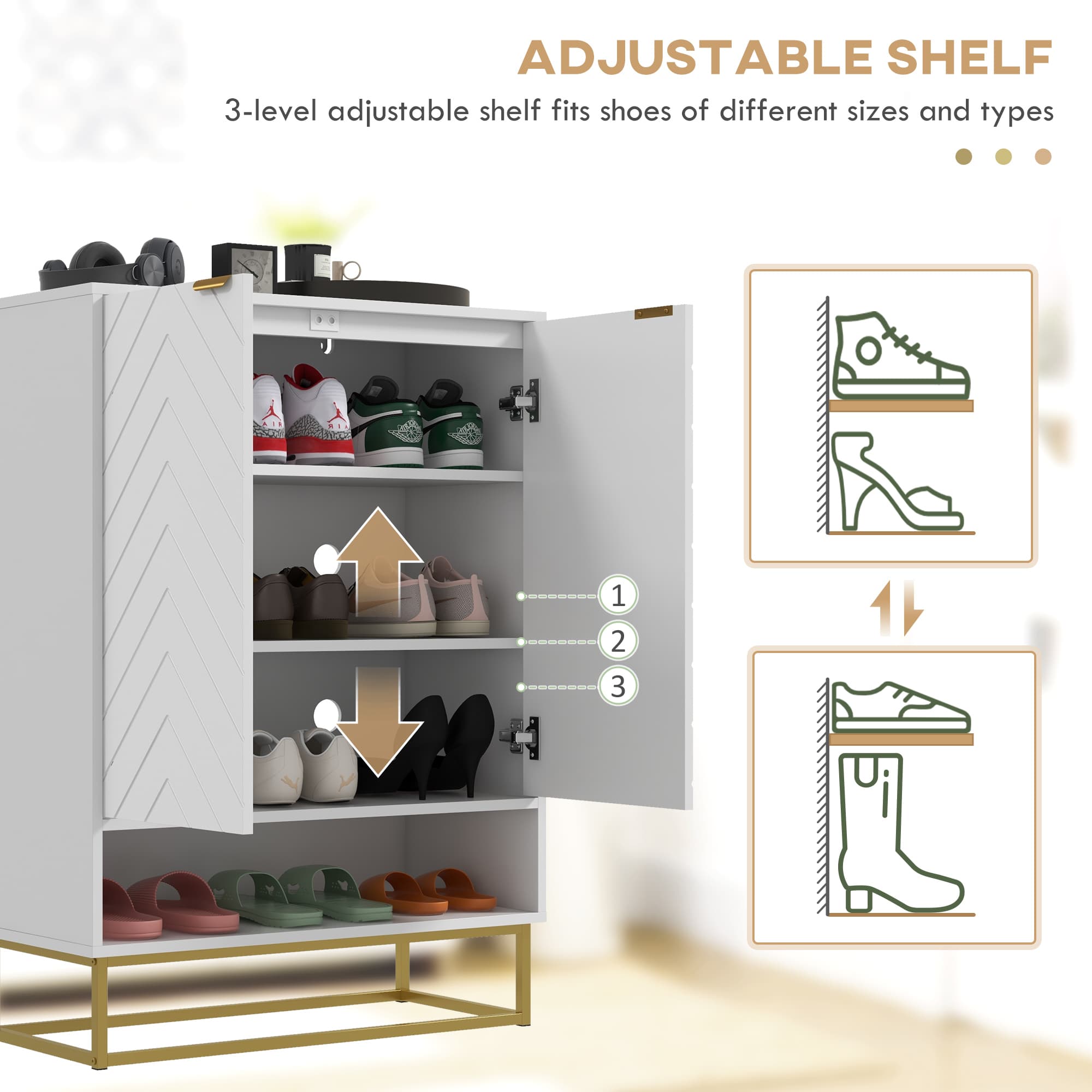 White Shoe Cabinet with Chevron Doors and Gold Base Frame - image 3