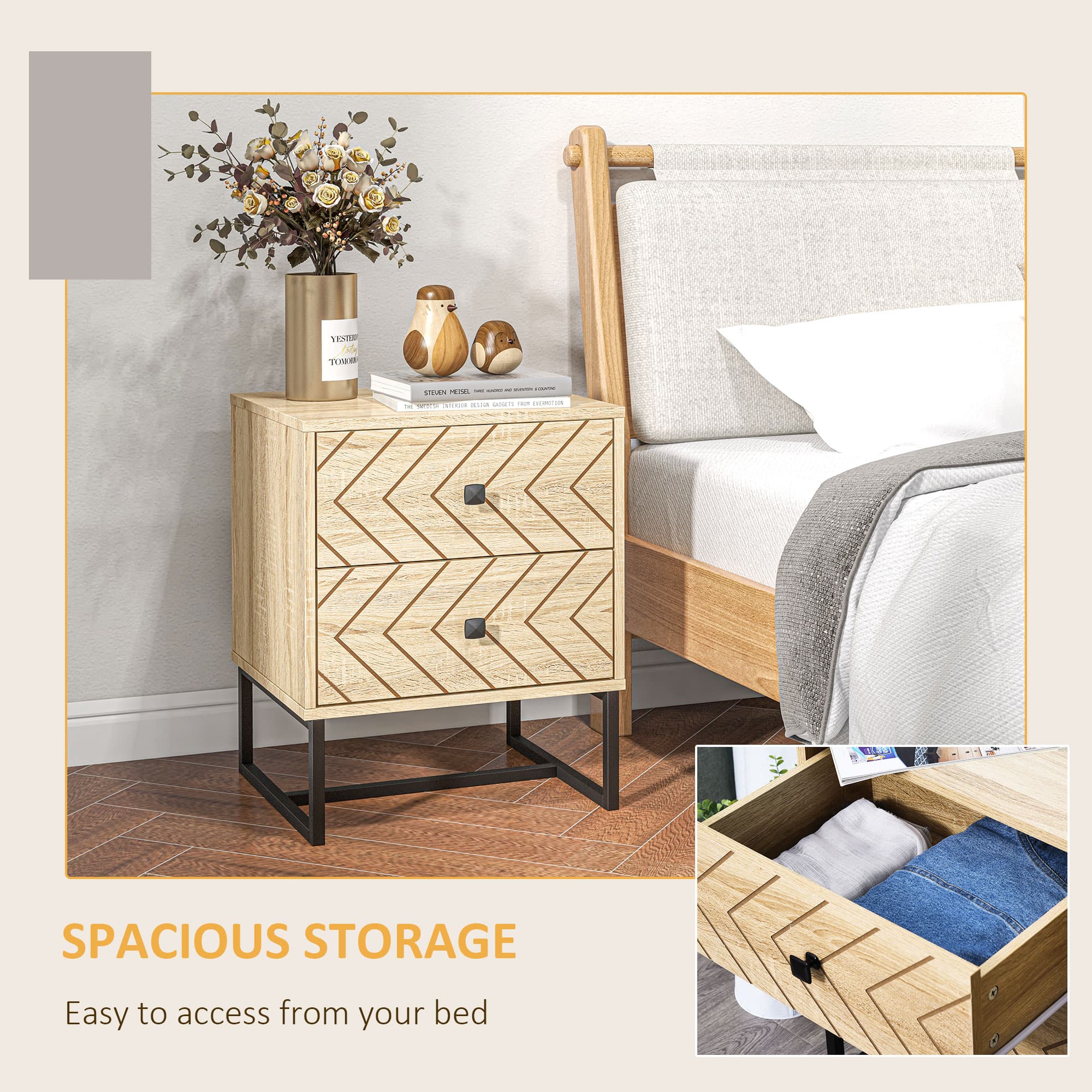 Two-Drawer Bedside Tables with Chevron Detail — Set of 2, Natural - image 3