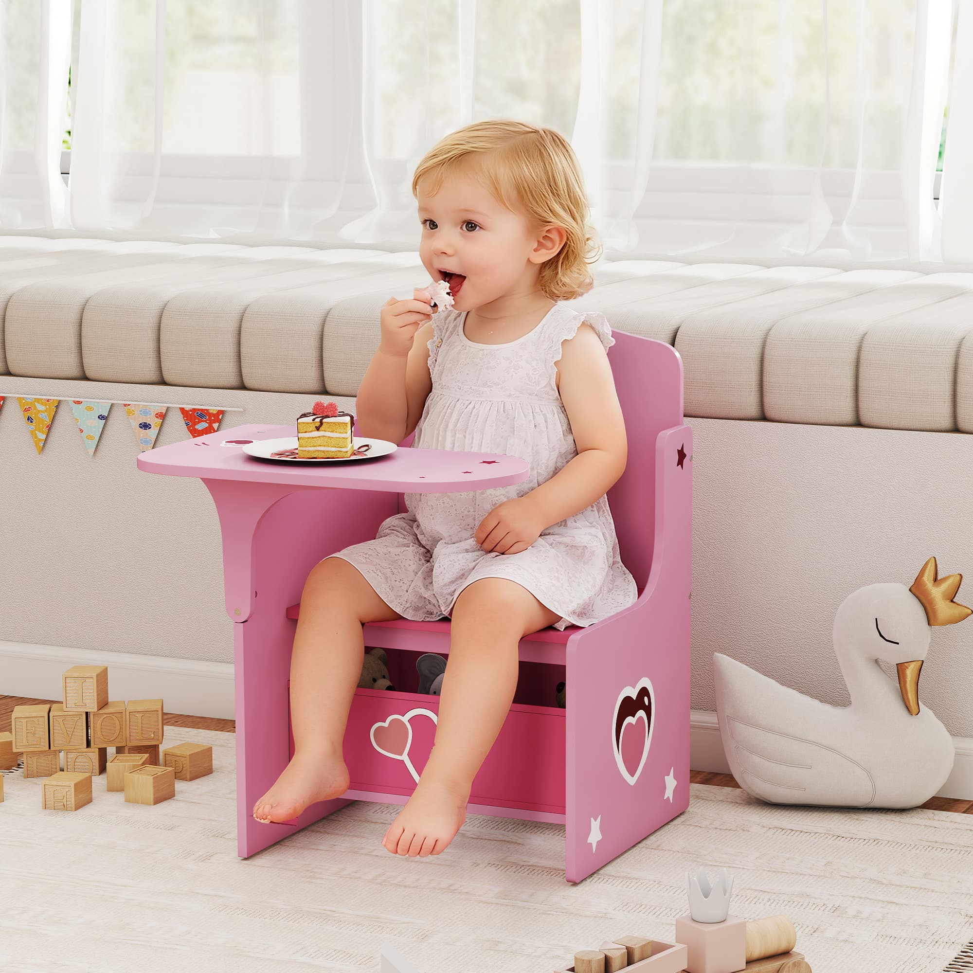Pink Wooden Kids Desk Chair with Built-In Storage Bin - image 8