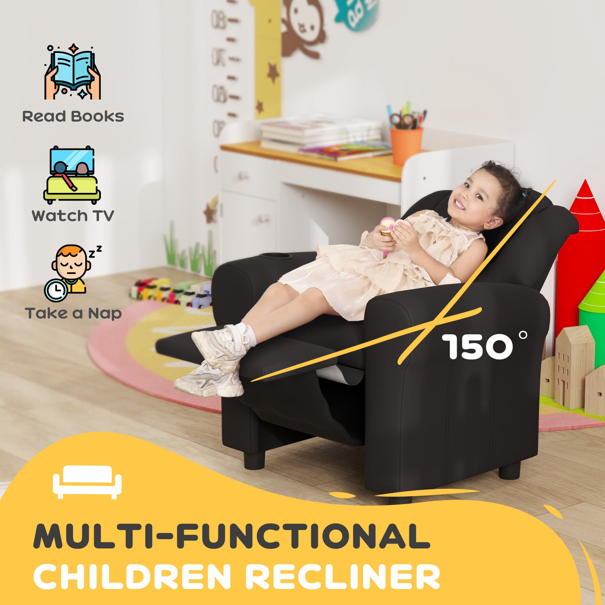 Children's Reclining Armchair in Black Faux Leather With Cup Holder - image 5