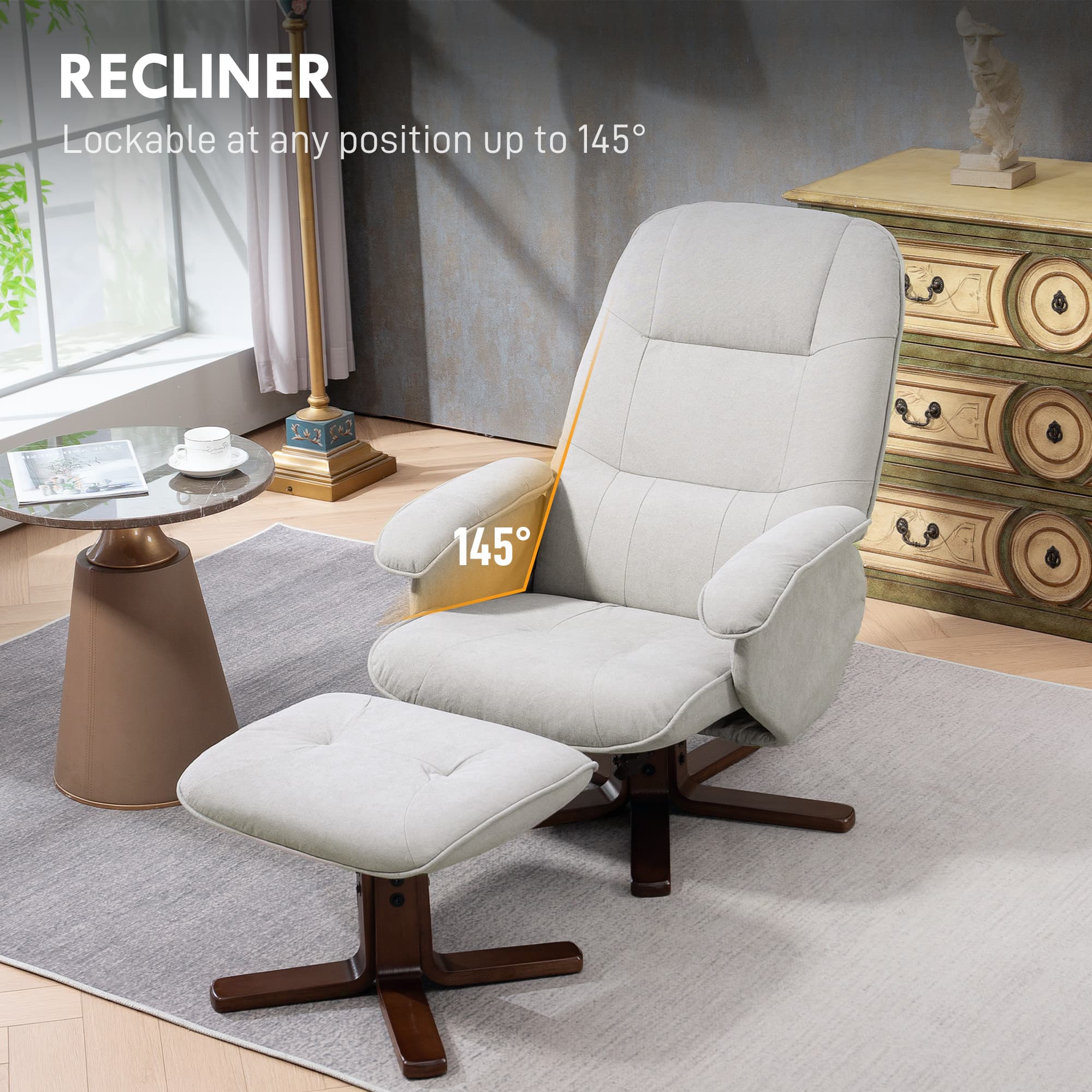 Light Grey Swivel Recliner with Footstool and Wooden Base - image 3
