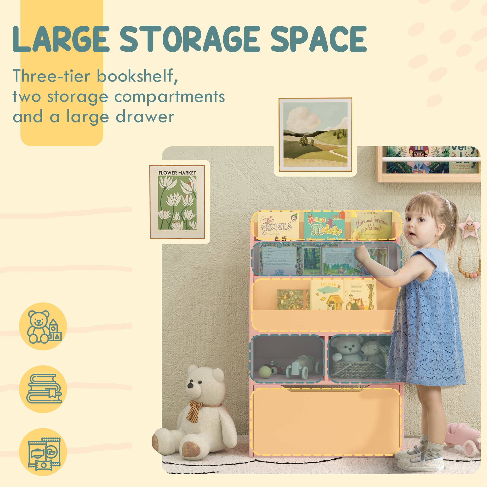 Pink Kids Bookshelf with Toy Organiser and Storage Drawer - image 5