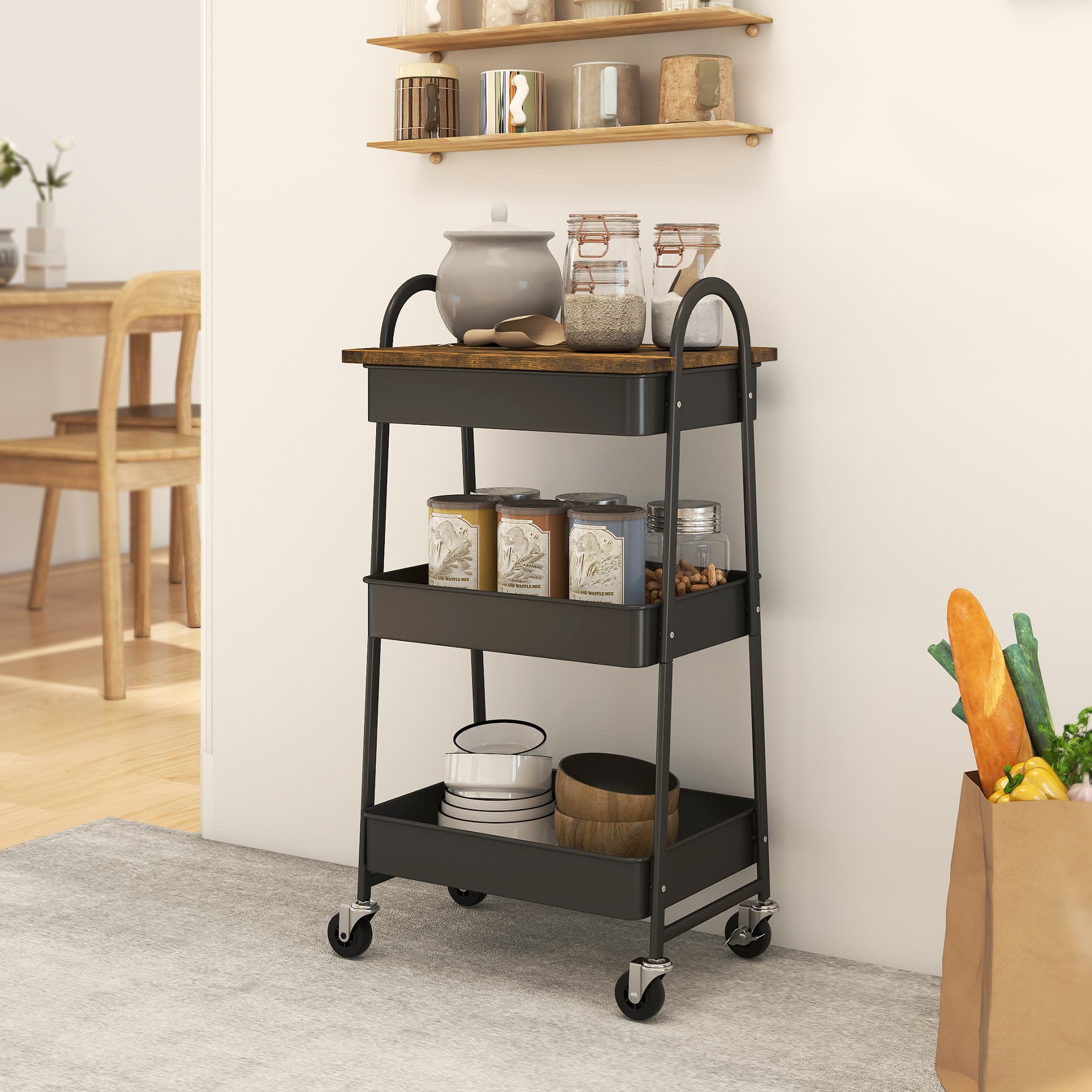 3-Tier Rustic Brown and Black Kitchen Storage Trolley - image 9