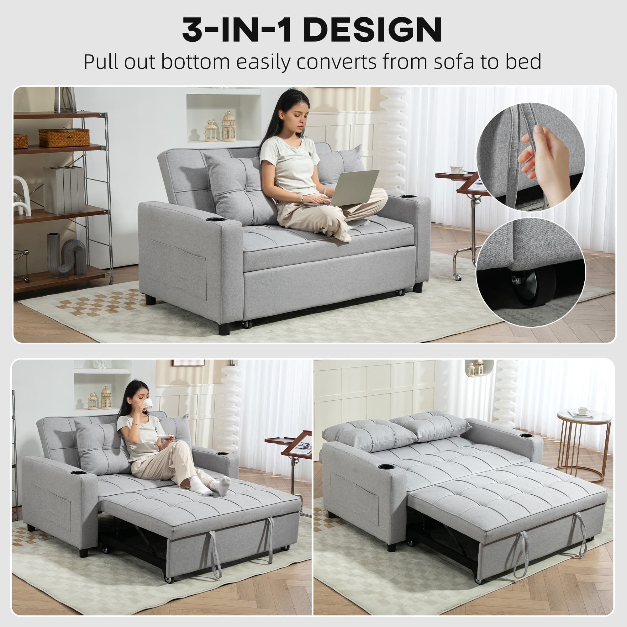 Light Grey Two-Seater Sofa Bed with Pull-Out Mattress - image 1