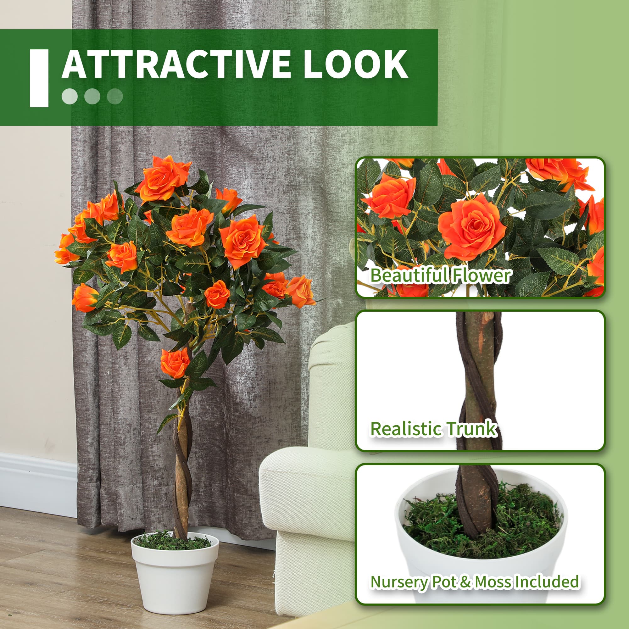 Pair of Artificial Orange Rose Trees in Pots – 90cm, No Upkeep - image 4