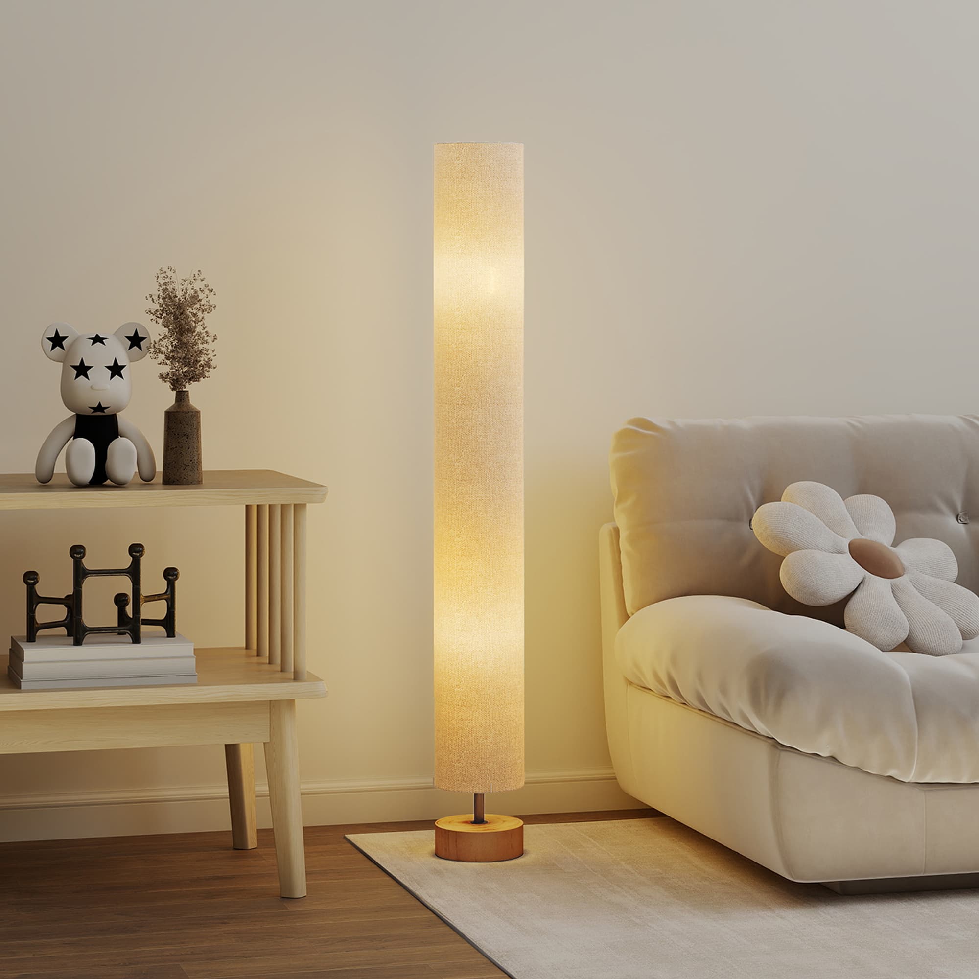 Slim Grey Floor Lamp with Linen Shade and Round Wooden Base - image 9